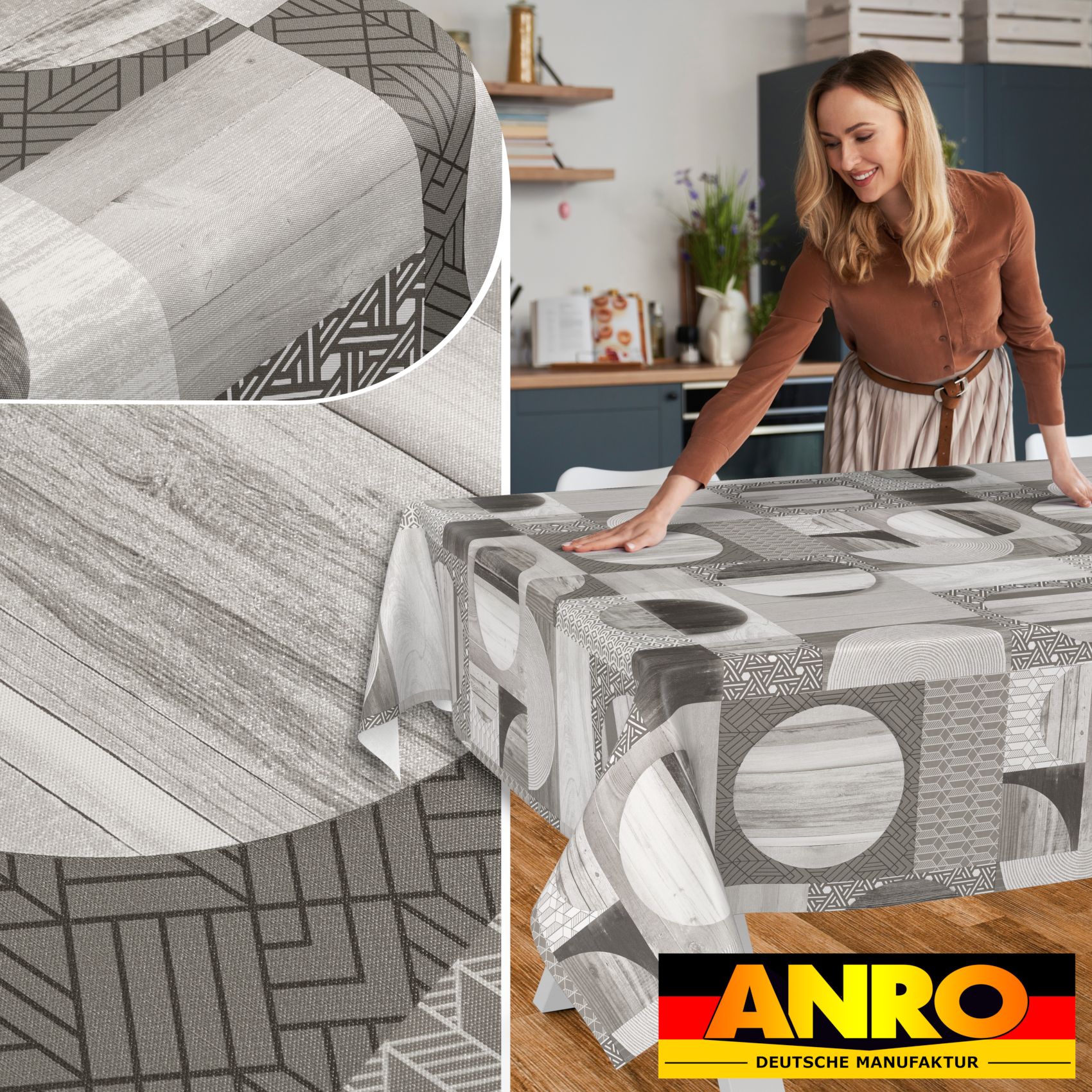 E47820E_SQ_50 Wachstischdecke Wachstuch Tischdecke Wachstuch Meterware Tischdecke abwaschbar Gartentischdecke Holz Patchwork Grau