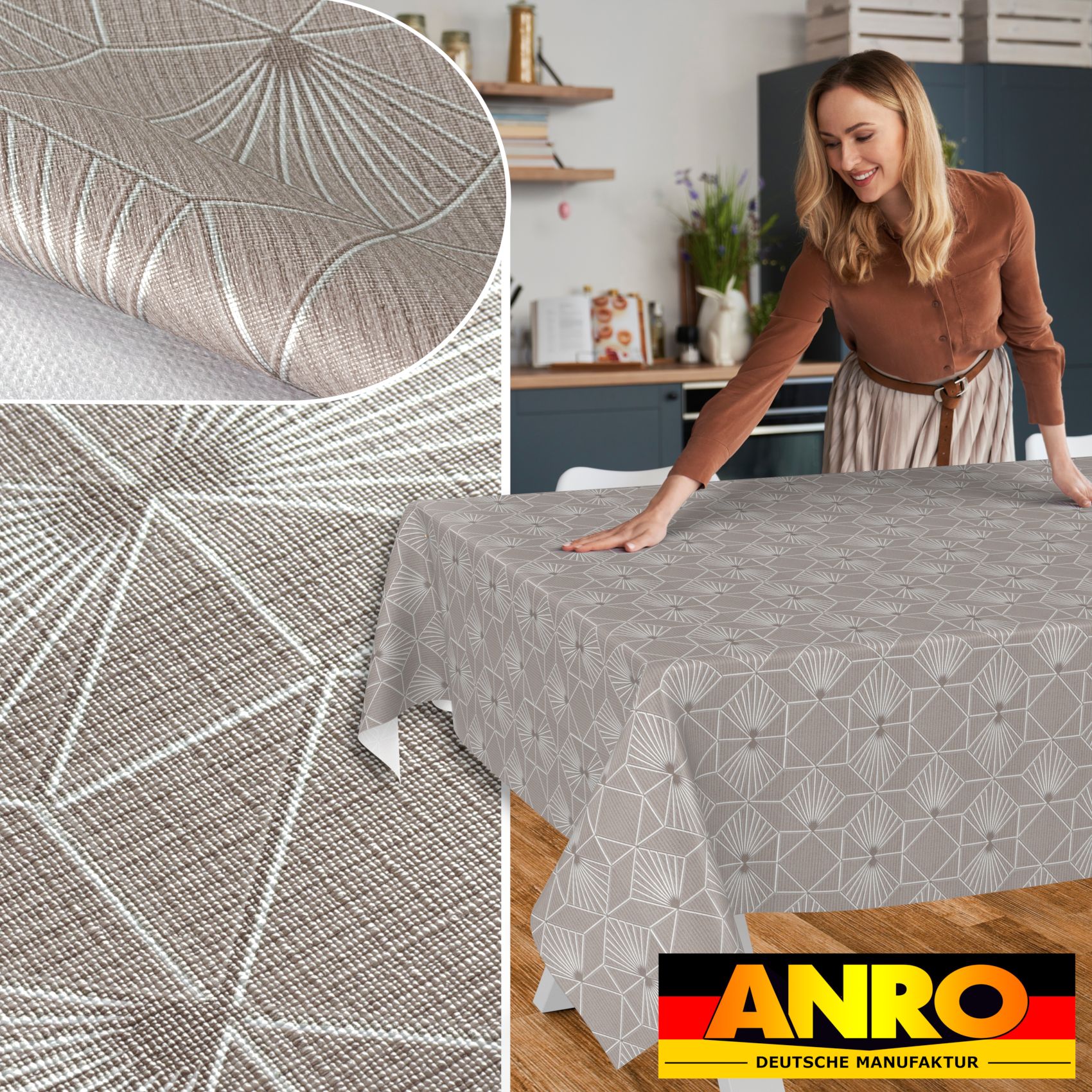 BREX2908_40 Wachstuchtischdecke Wachstuch Tischdecke abwaschbar Premium Prägung Gartentischdecke Geometrie Grau Silberdruck Breite 140cm