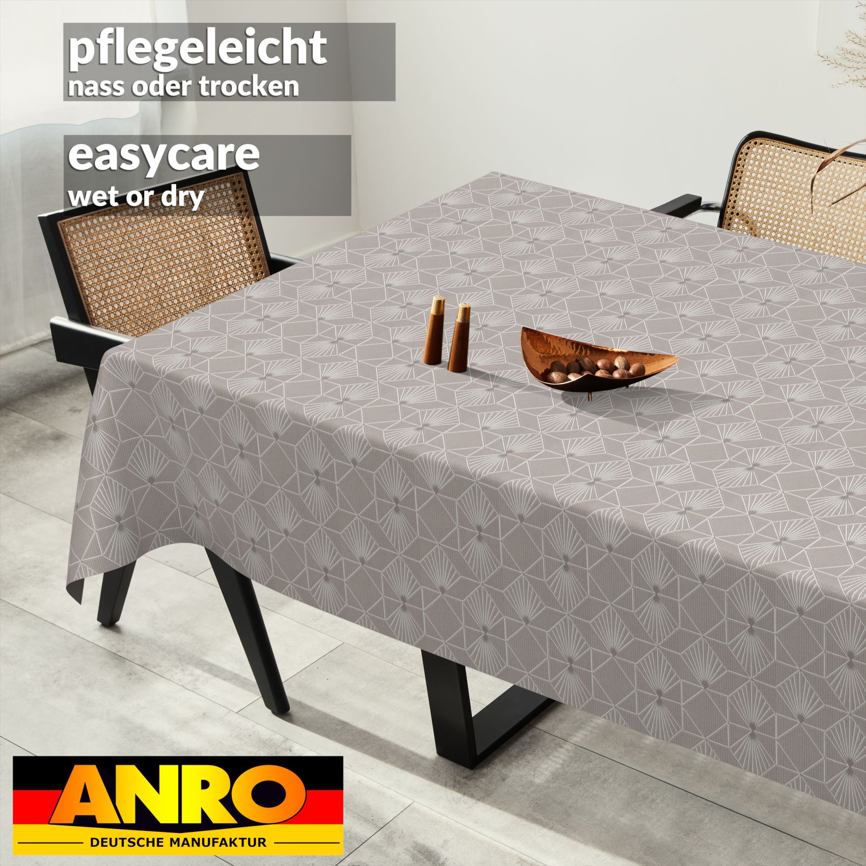 BREX2908_80 Wachstuchtischdecke Wachstuch Tischdecke abwaschbar Premium Prägung Gartentischdecke Geometrie Grau Silberdruck Breite 140cm