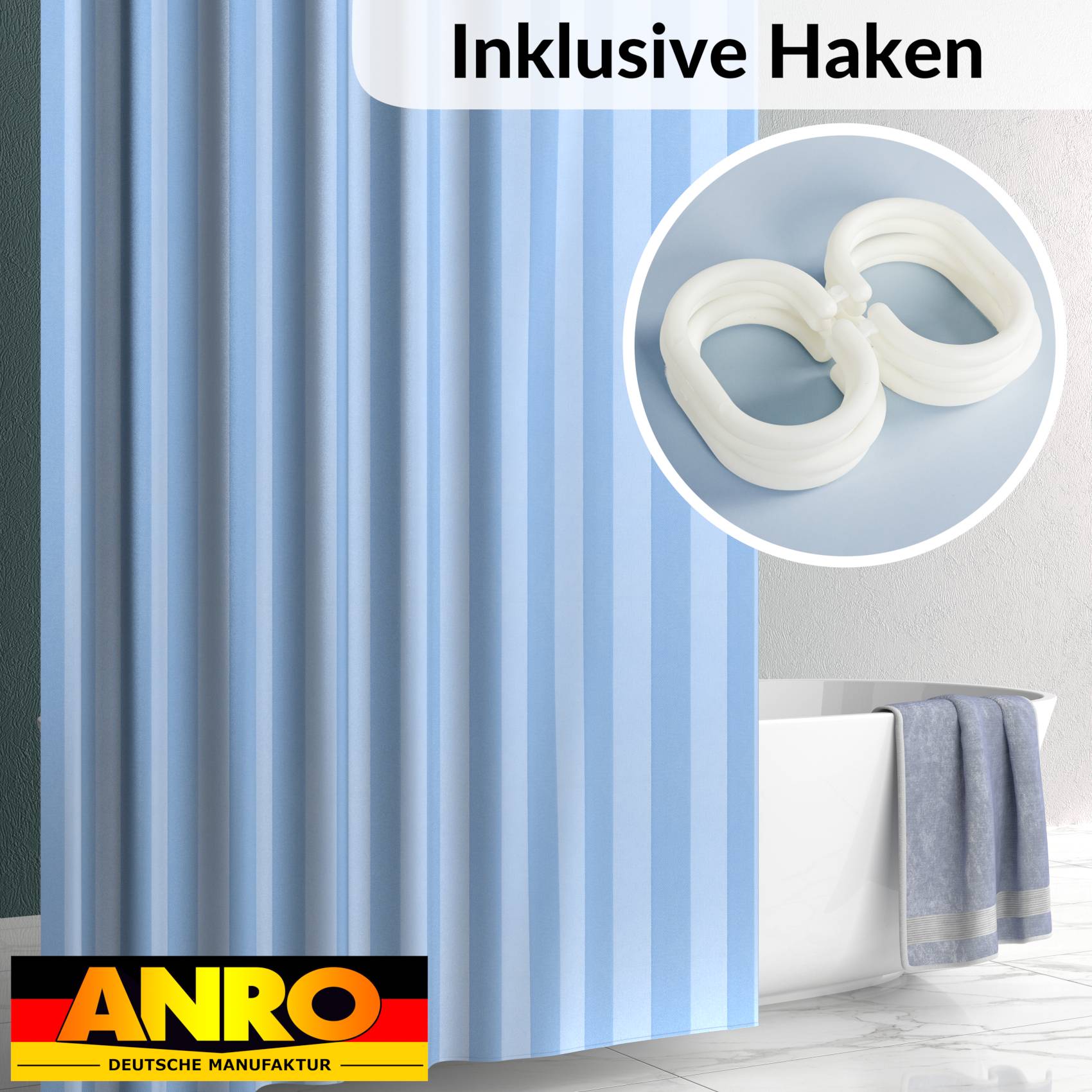Duschvorhang Badewanne Textil Polyester Bad Vorhang waschbar mit Ringen Hellblau 3 Größen