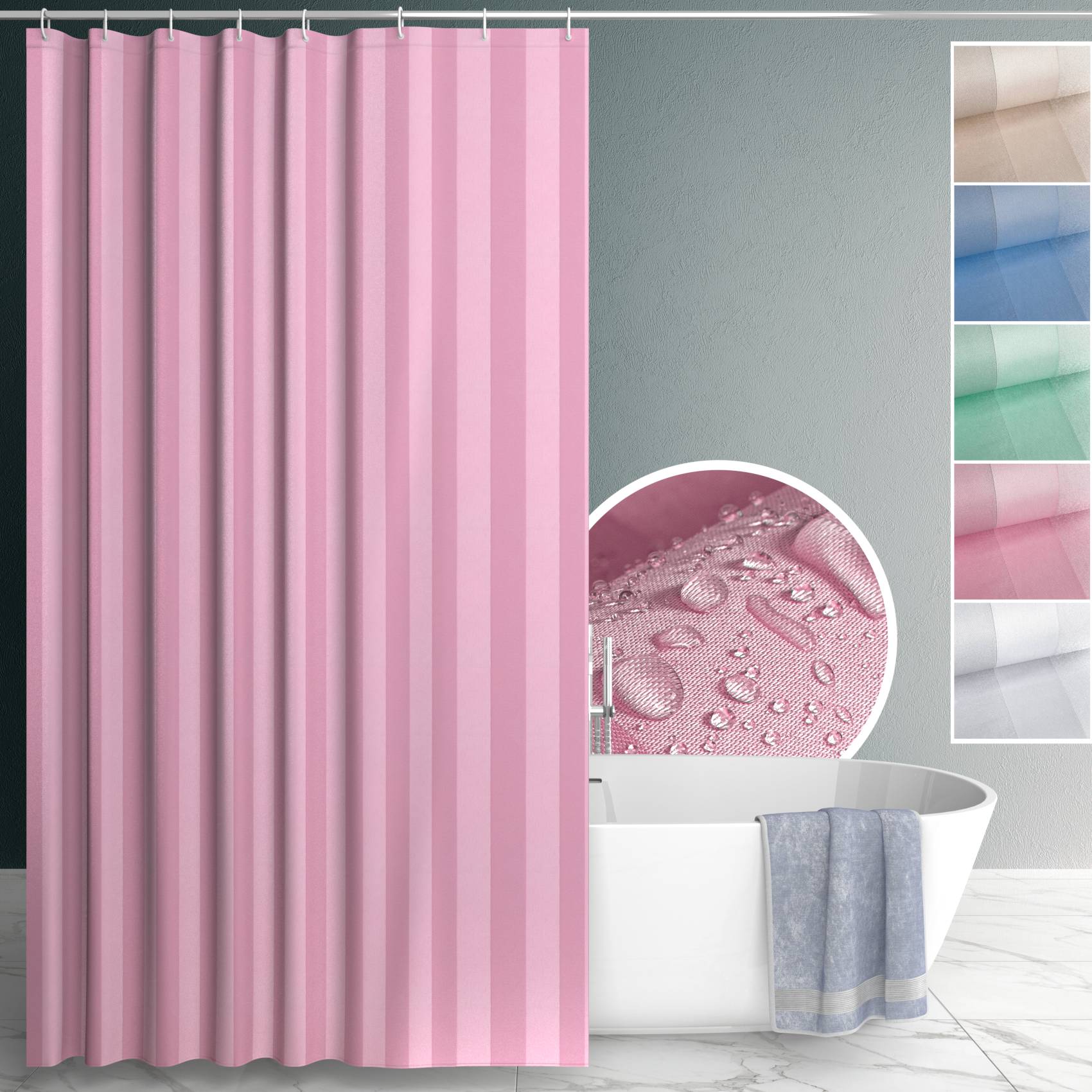 DUSCH-ROSA-120_10 Duschvorhang Badewanne Textil Polyester Bad Vorhang waschbar mit Ringen Rosa 3 Größen