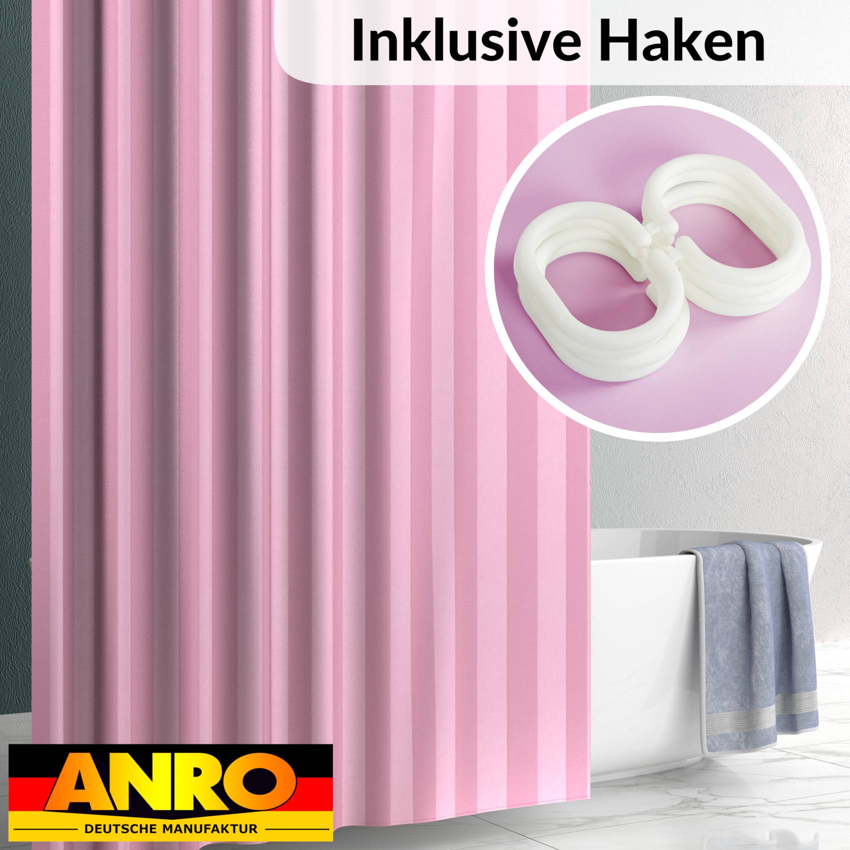DUSCH-ROSA-120_20 Duschvorhang Badewanne Textil Polyester Bad Vorhang waschbar mit Ringen Rosa 3 Größen