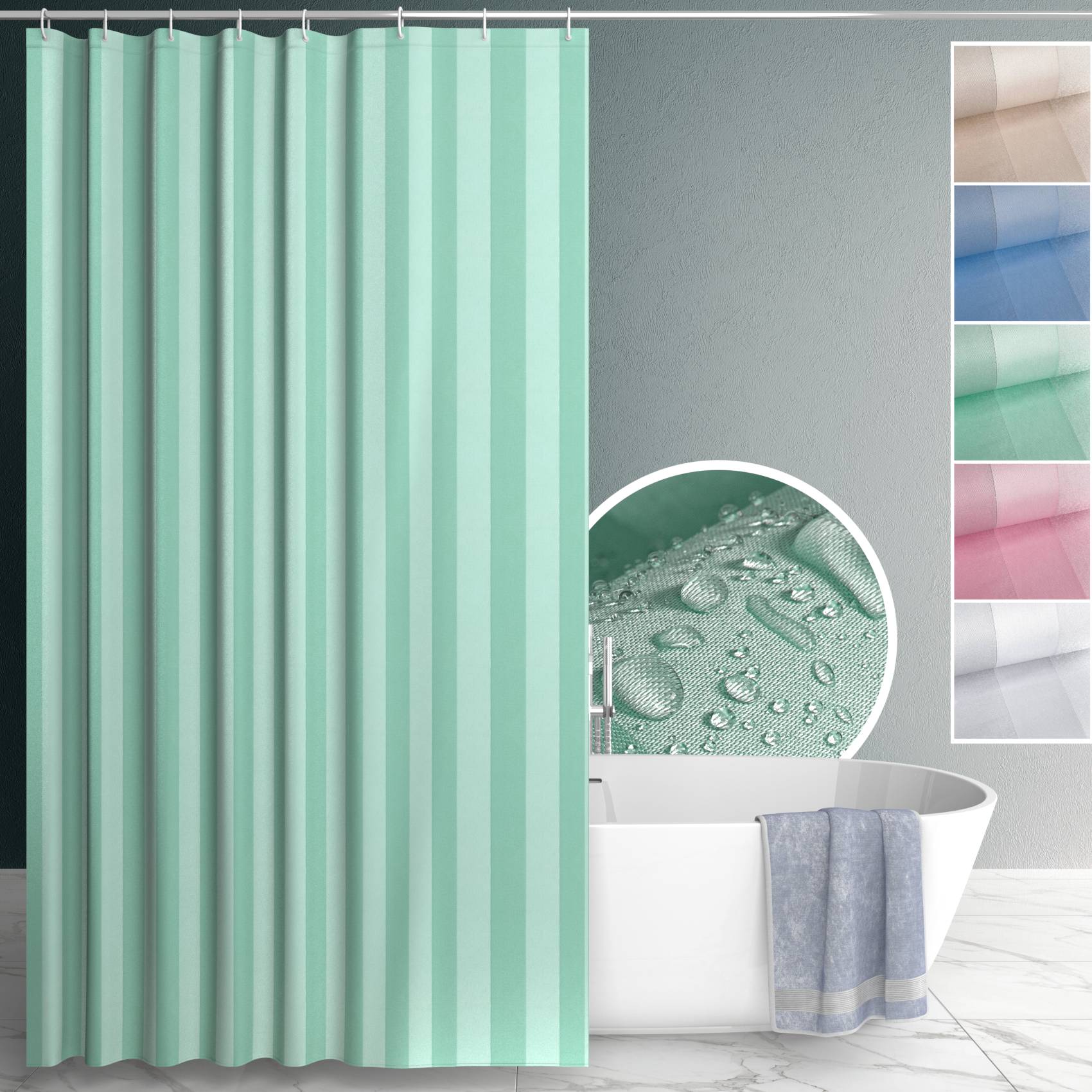 Duschvorhang Badewanne Textil Polyester Bad Vorhang waschbar mit Ringen Grün 3 Größen