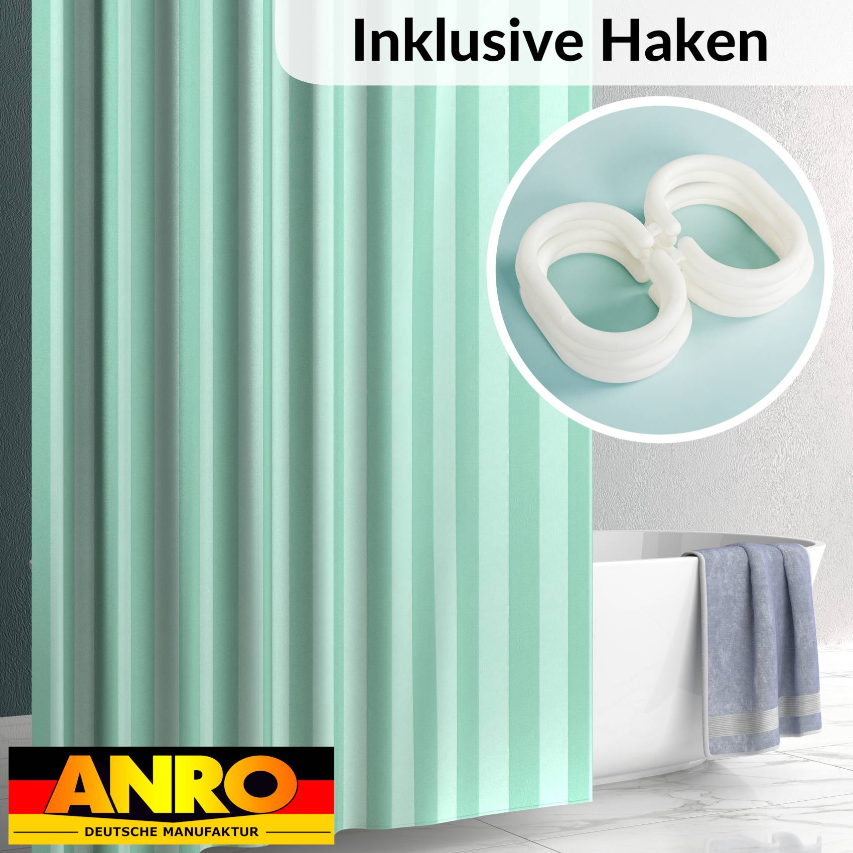 Duschvorhang Badewanne Textil Polyester Bad Vorhang waschbar mit Ringen Grün 3 Größen