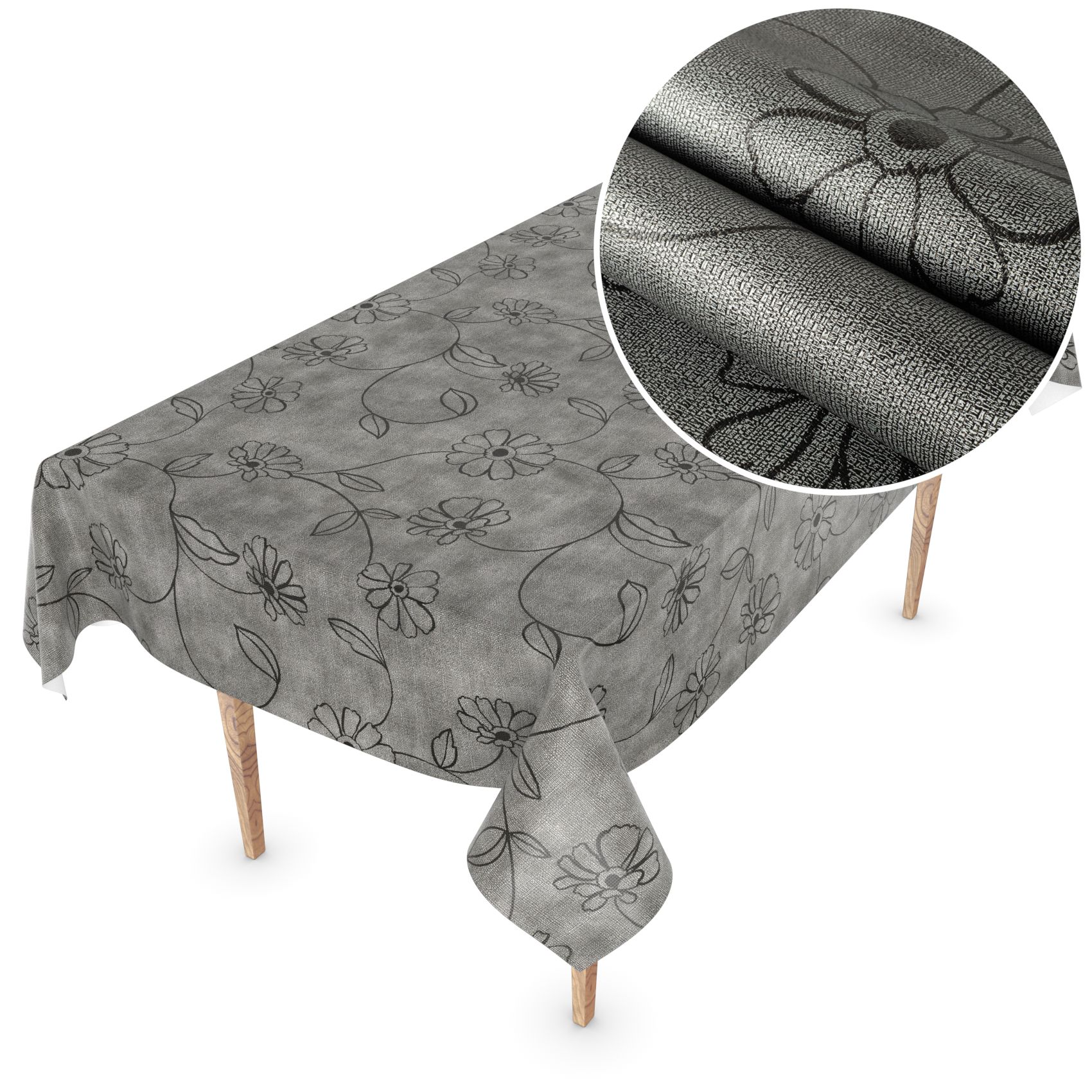 BRE23107_10A Wachstuchtischdecke Tischdecke abwaschbar Outdoor Premium Leinenprägung Gartentischdecke Anthrazit Blume Breite 140cm