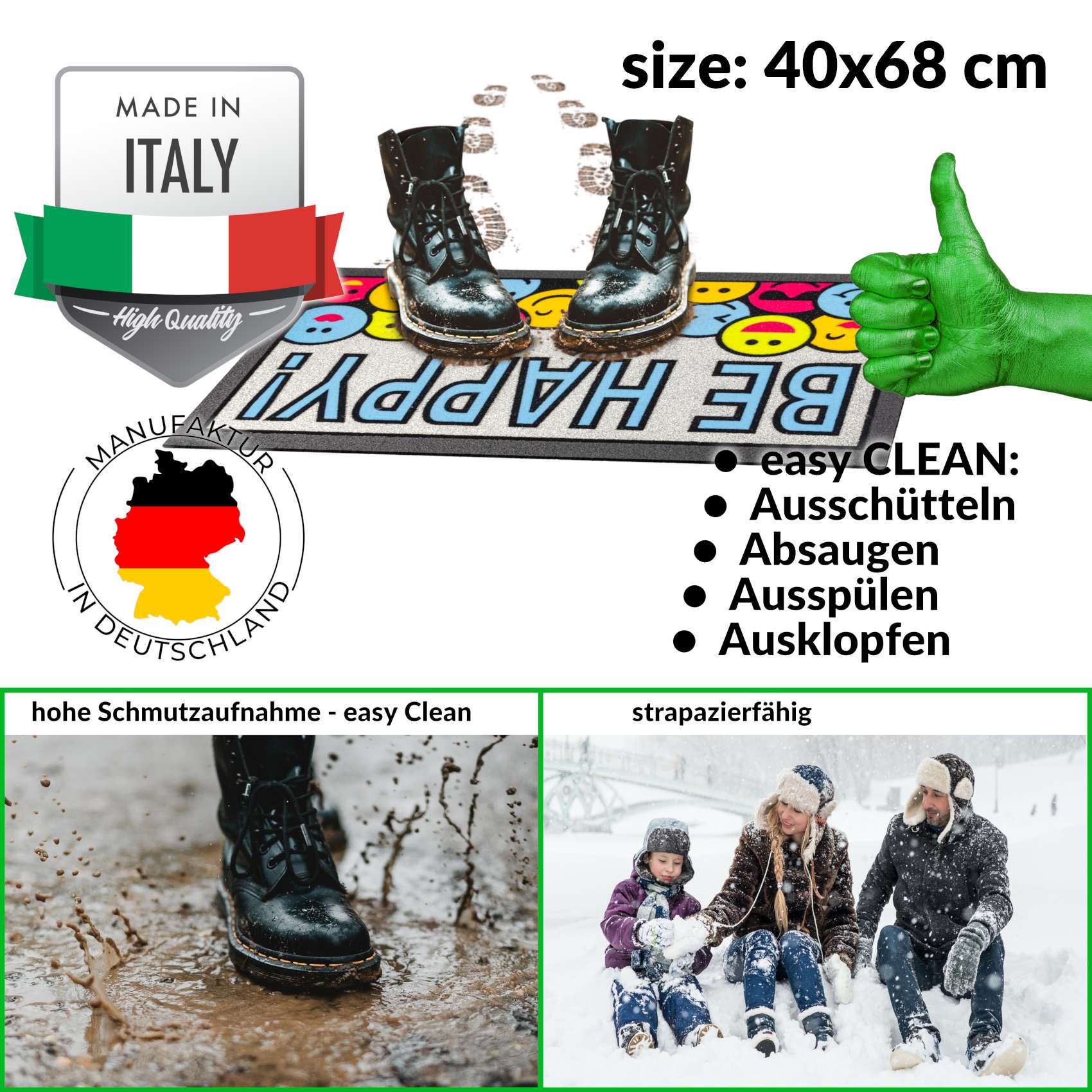 EF21550_30 Schmutzfangmatte Fußmatte Sauberlaufmatte Schmutzmatte Motiv Be Happy! – Glitzer 40x68cm