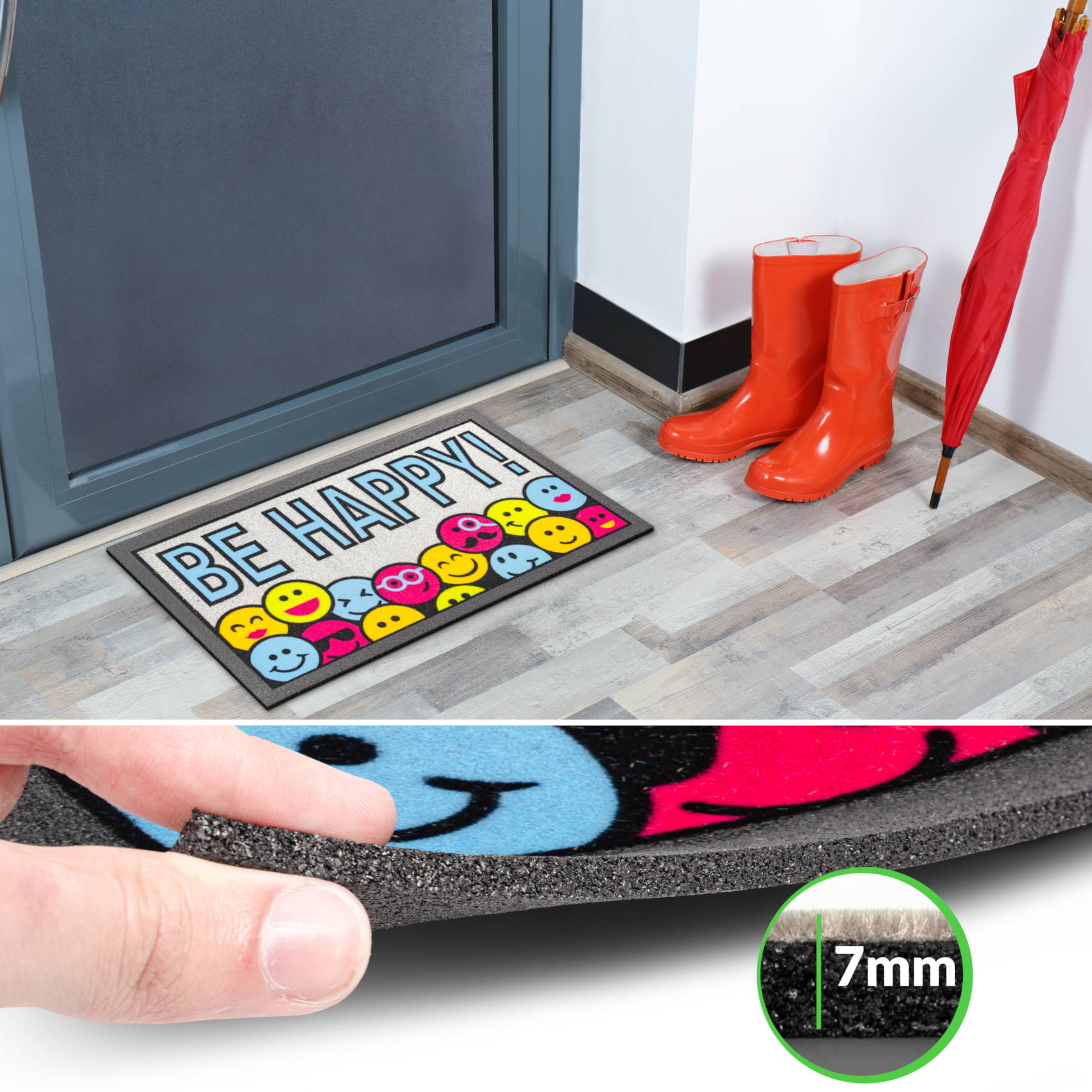 EF21550_40 Schmutzfangmatte Fußmatte Sauberlaufmatte Schmutzmatte Motiv Be Happy! – Glitzer 40x68cm