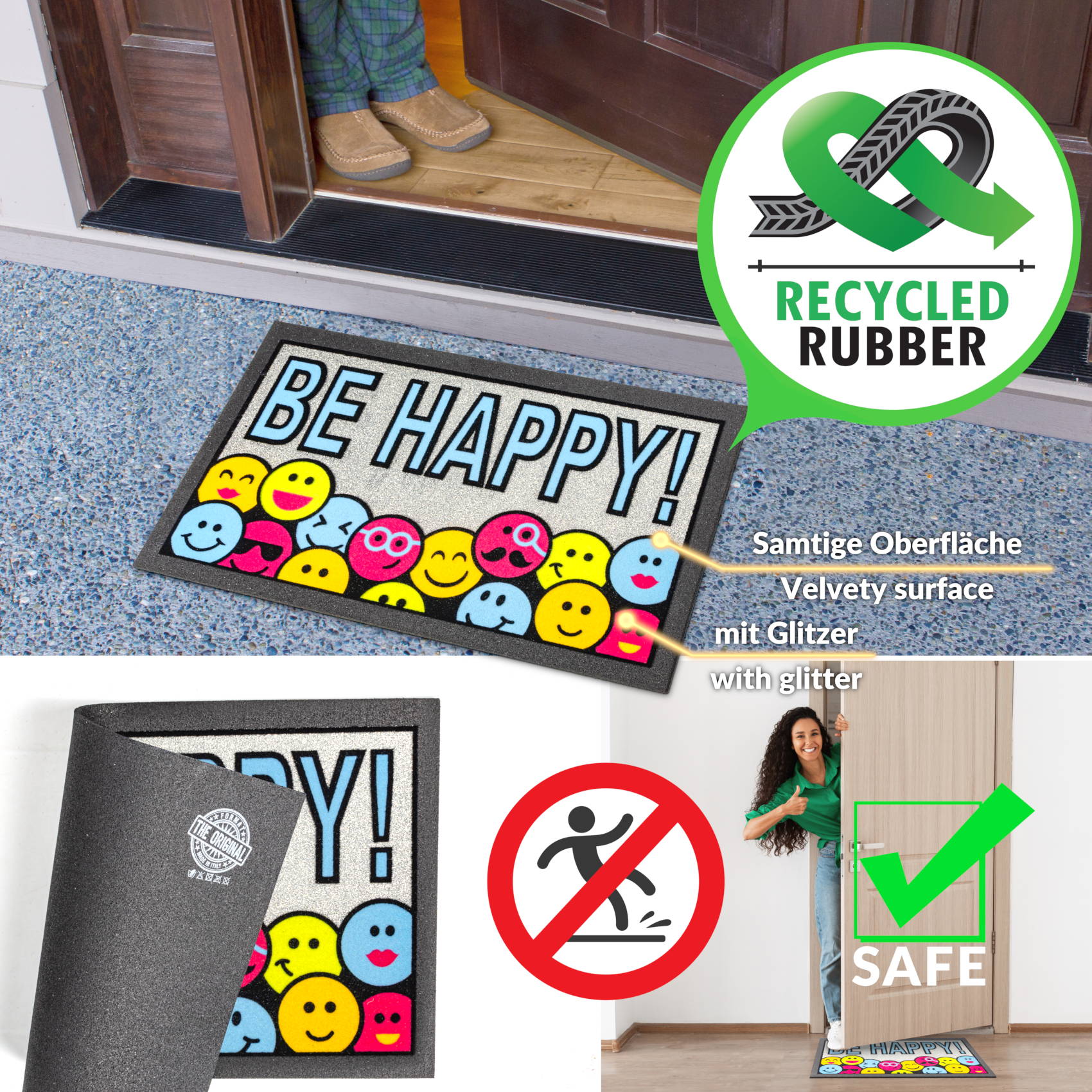EF21550_60 Schmutzfangmatte Fußmatte Sauberlaufmatte Schmutzmatte Motiv Be Happy! – Glitzer 40x68cm