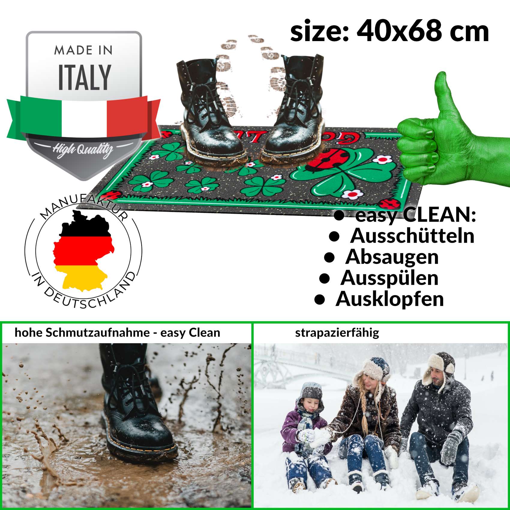 EF21914_30 Schmutzfangmatte Fußmatte Sauberlaufmatte Schmutzmatte Motiv Good Luck Marienkäfer 40x68cm