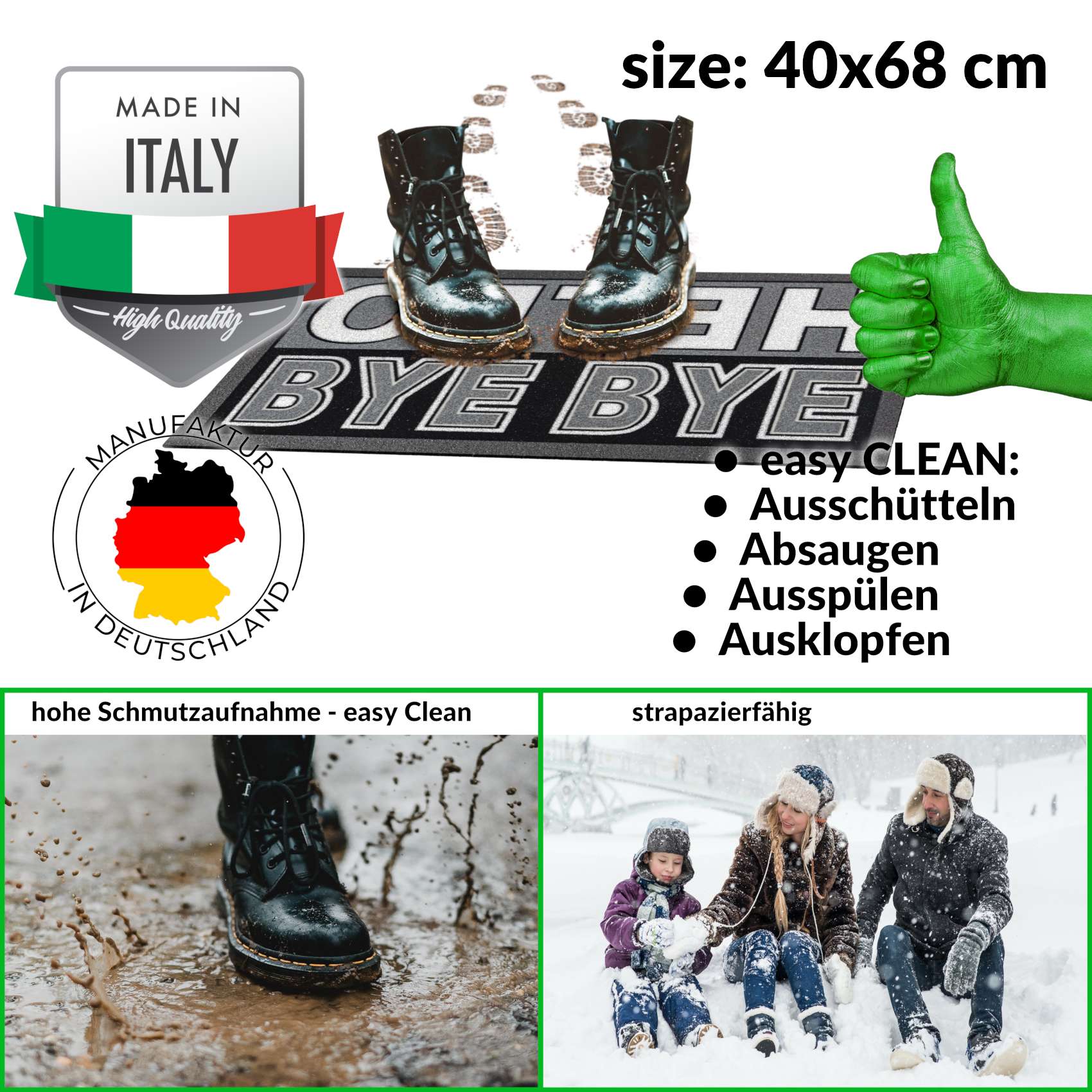 EF21216_30 Schmutzfangmatte Fußmatte Sauberlaufmatte Schmutzmatte Motiv Hello Bye Bye – Glitzer 40x68cm