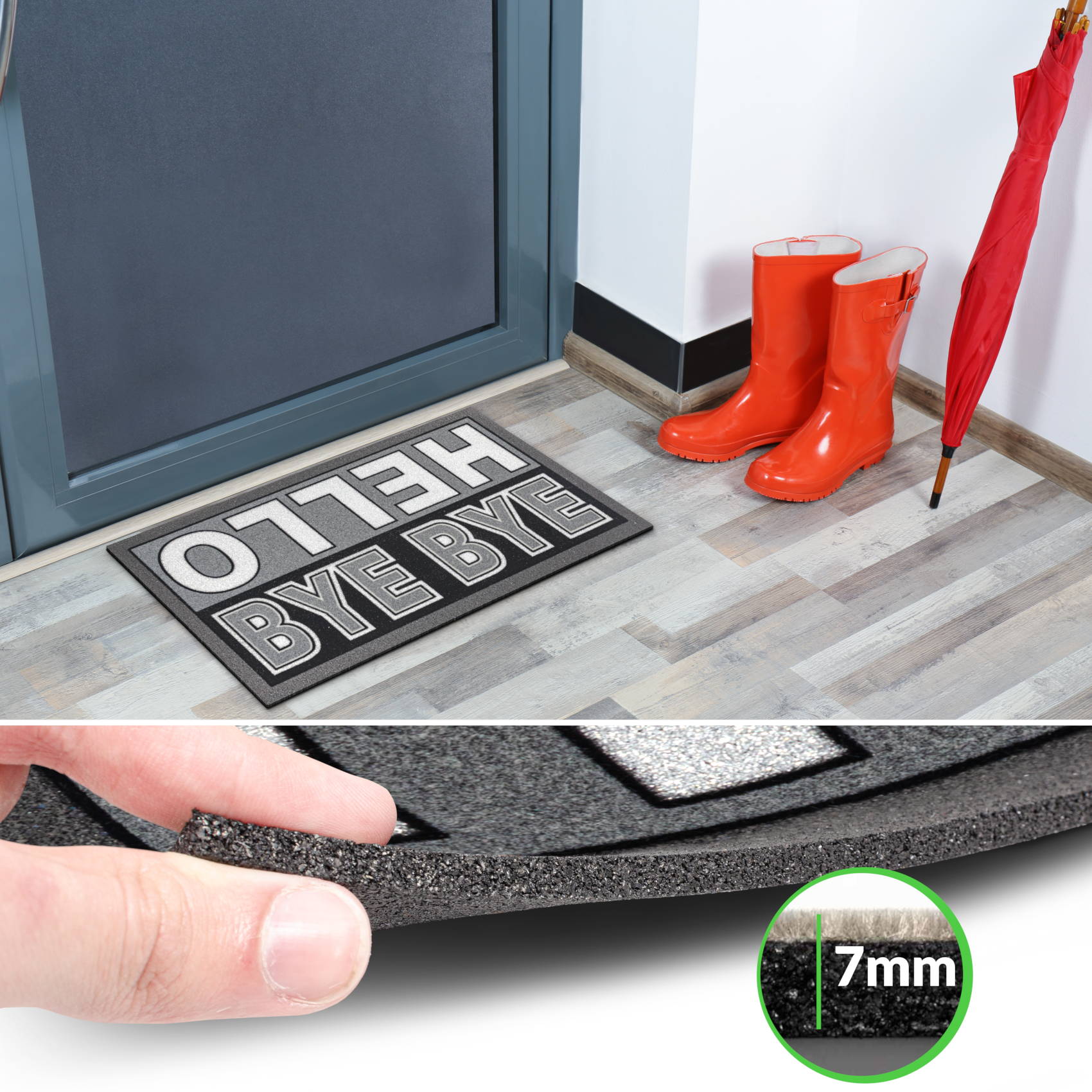 EF21216_40 Schmutzfangmatte Fußmatte Sauberlaufmatte Schmutzmatte Motiv Hello Bye Bye – Glitzer 40x68cm