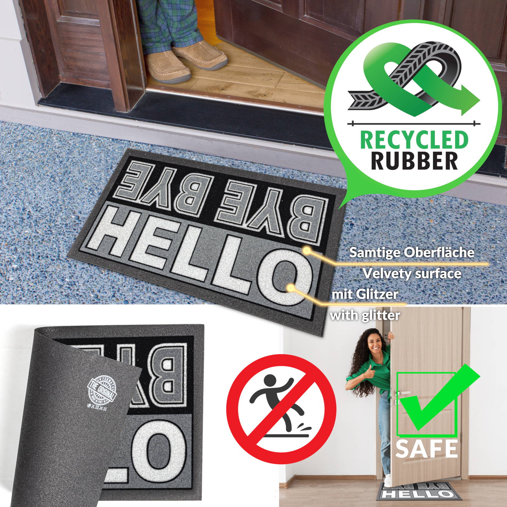 EF21216_60 Schmutzfangmatte Fußmatte Sauberlaufmatte Schmutzmatte Motiv Hello Bye Bye – Glitzer 40x68cm