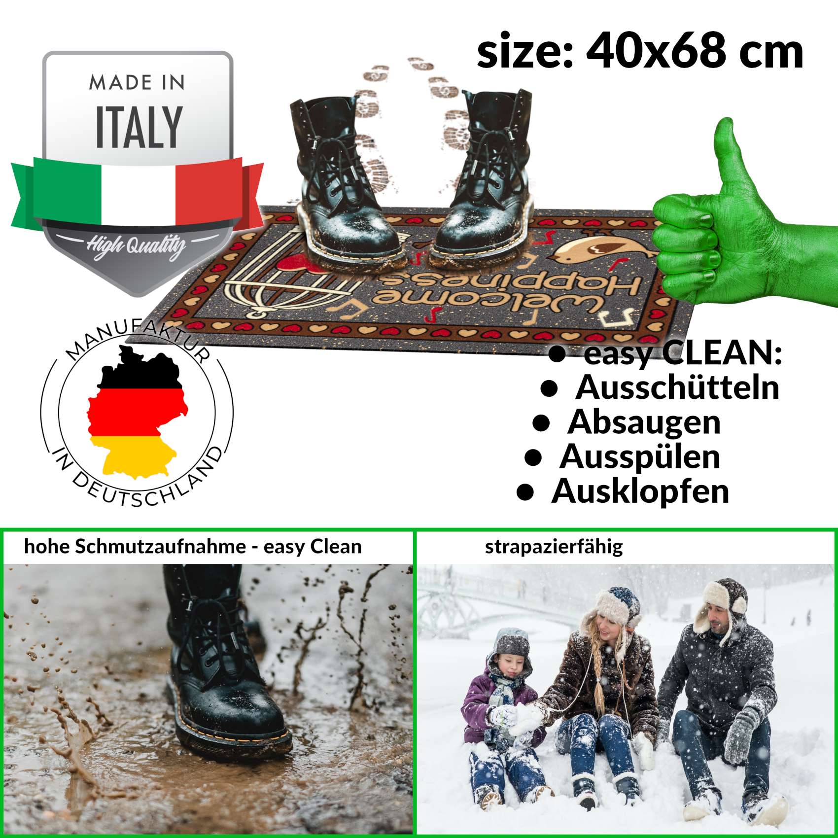 EF22002_30 Schmutzfangmatte Fußmatte Sauberlaufmatte Schmutzmatte Motiv Welcome Happiness 40x68cm