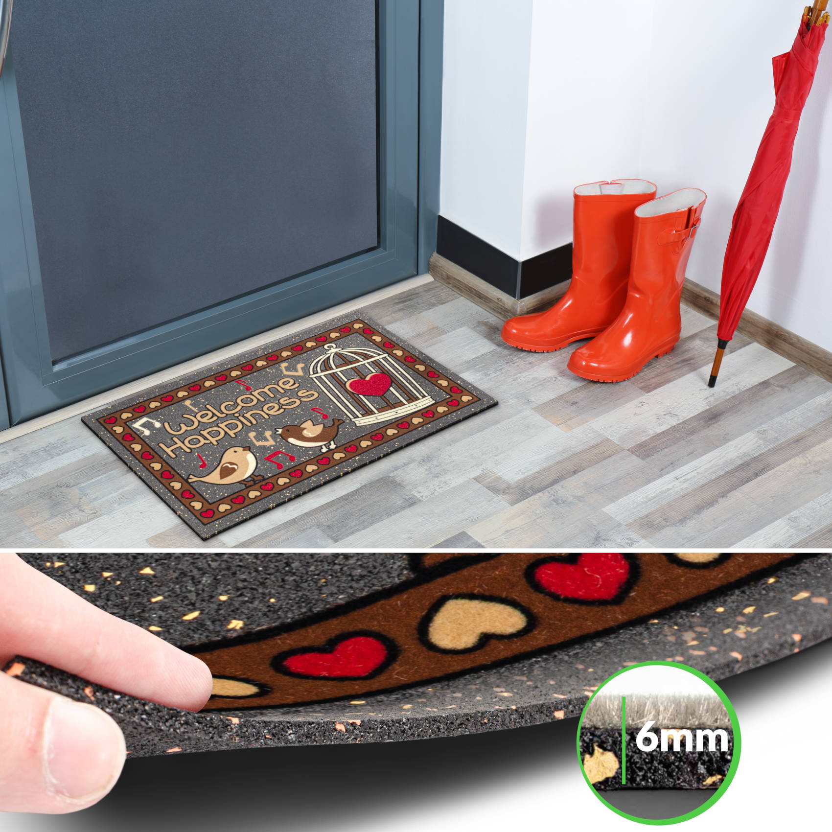 EF22002_40 Schmutzfangmatte Fußmatte Sauberlaufmatte Schmutzmatte Motiv Welcome Happiness 40x68cm