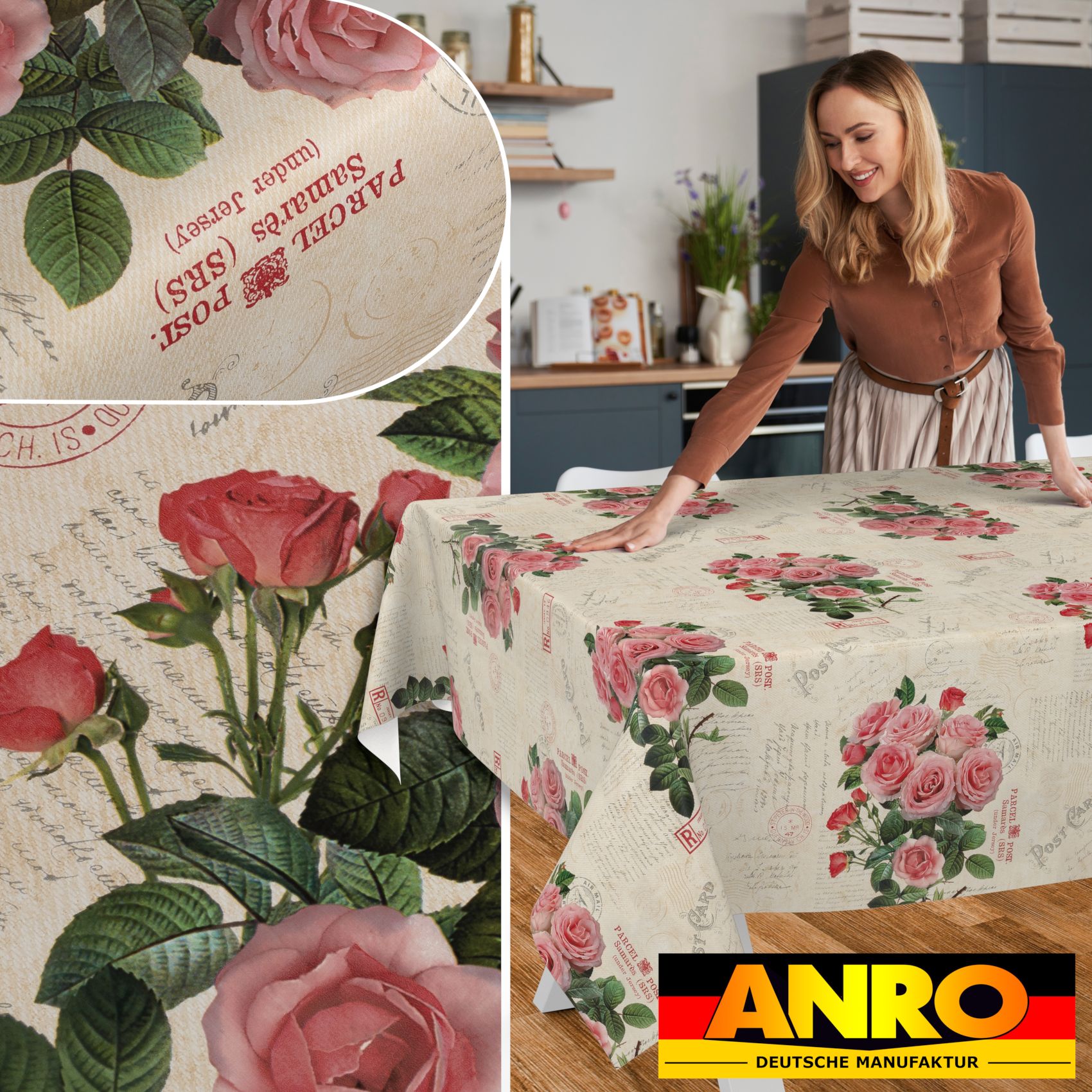D0198AE_SQ_50 Wachstischdecke Wachstuch Tischdecke Wachstuch Meterware Tischdecke abwaschbar Gartentischdecke Postkarte Rosen