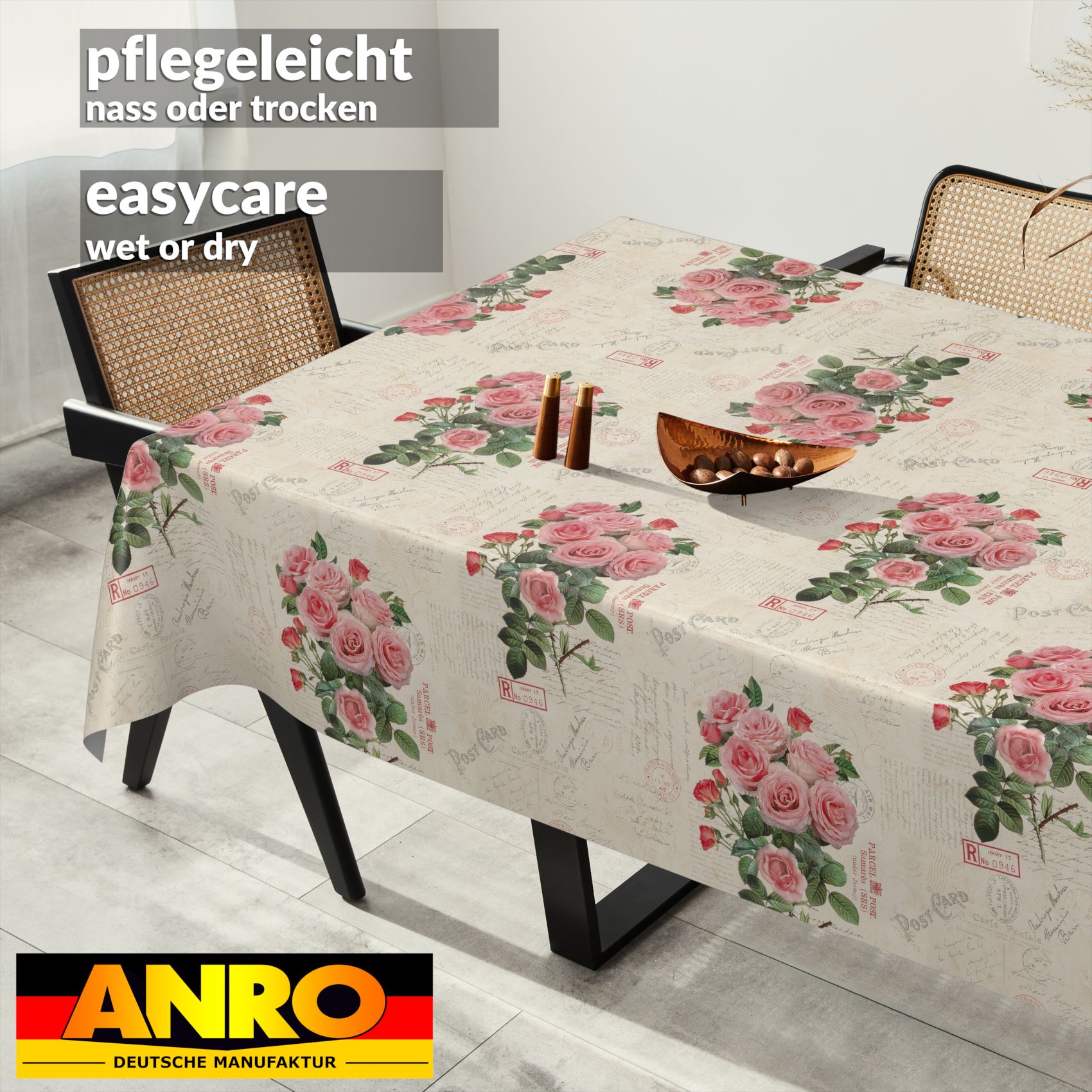 D0198AE_SQ_91 Wachstischdecke Wachstuch Tischdecke Wachstuch Meterware Tischdecke abwaschbar Gartentischdecke Postkarte Rosen