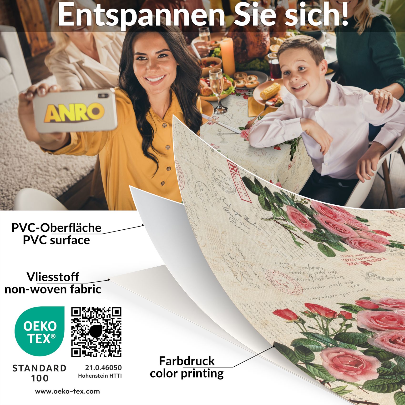 D0198AE_80 Wachstischdecke Wachstuch Tischdecke Wachstuch Meterware Tischdecke abwaschbar Gartentischdecke Postkarte Rosen