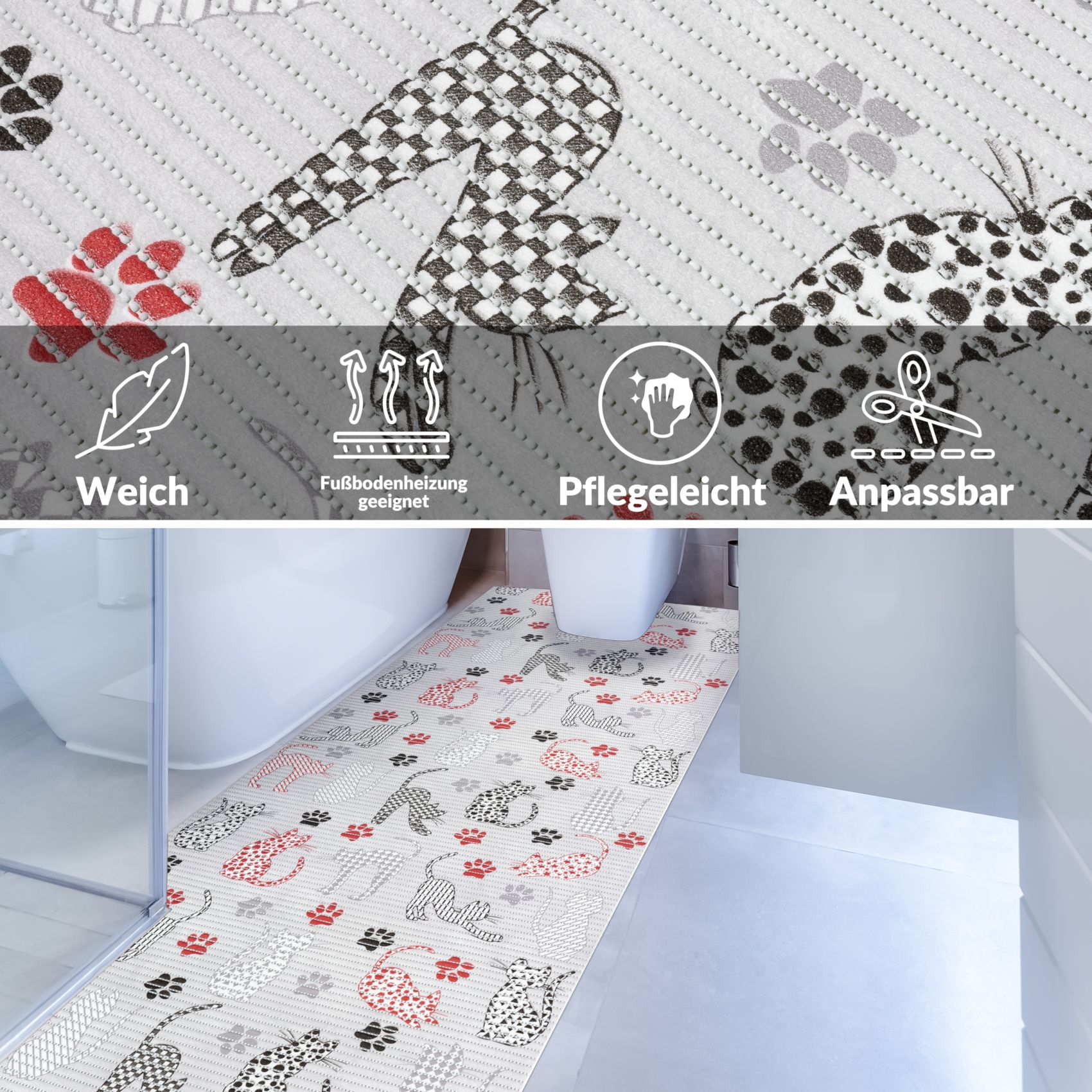 DM014DE_40 Weichschaummatte Badematte rutschfest Badvorleger Meterware Antirutschmatte Katzen Breite 65cm