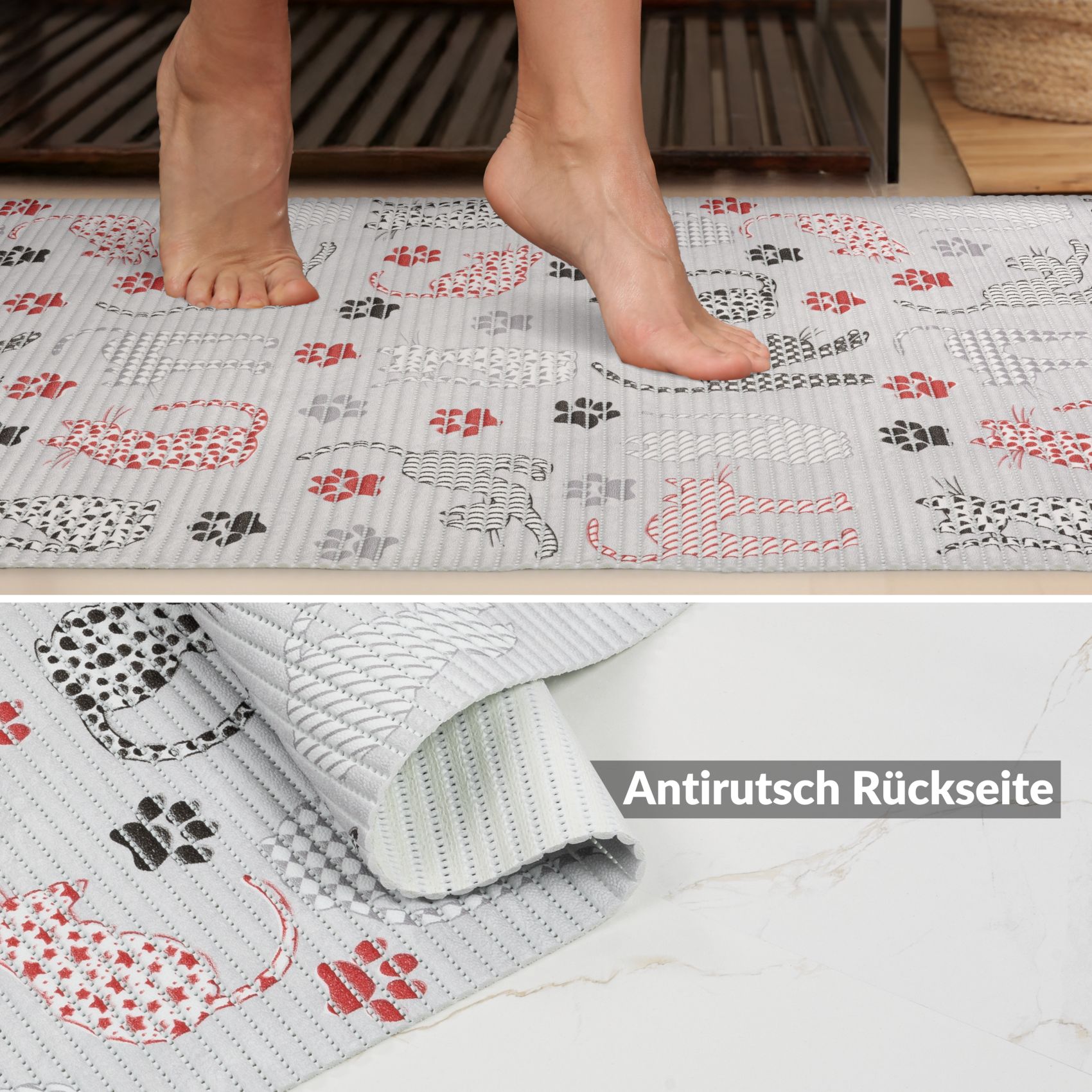 DM014DE_60 Weichschaummatte Badematte rutschfest Badvorleger Meterware Antirutschmatte Katzen Breite 65cm