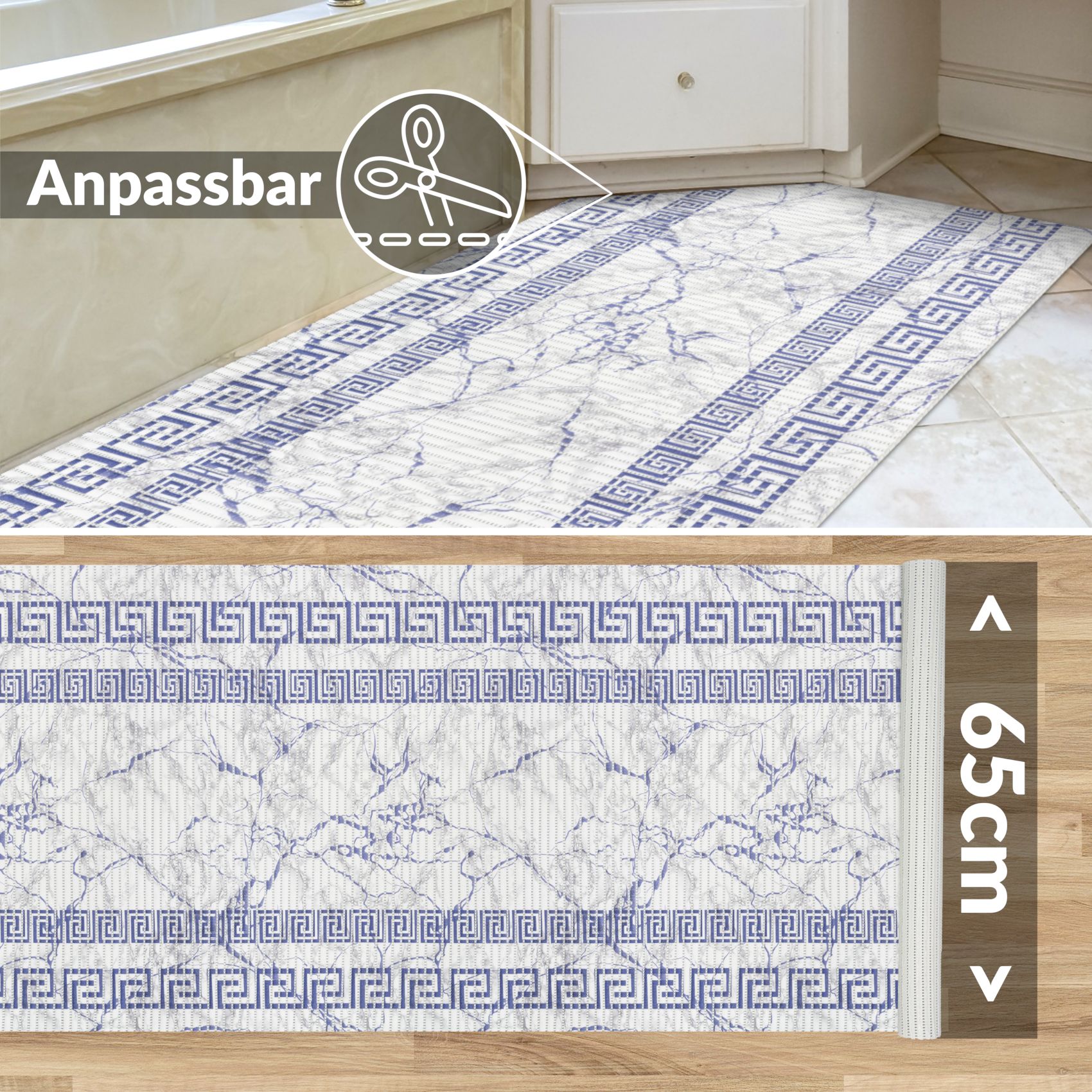 DM038AE_20 Weichschaummatte Badematte rutschfest Badvorleger Meterware Antirutschmatte Marmor Blau Breite 65cm