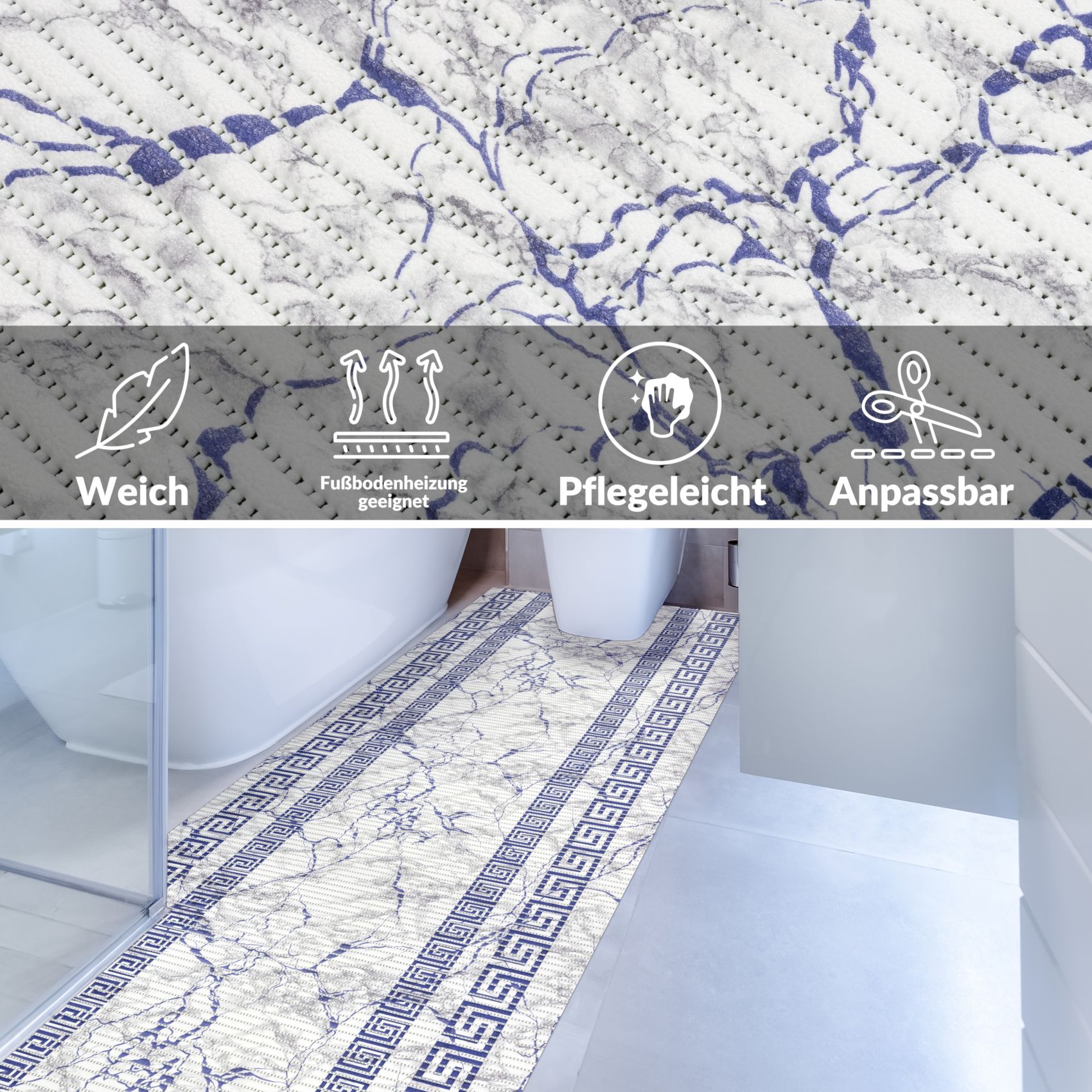 DM038AE_40 Weichschaummatte Badematte rutschfest Badvorleger Meterware Antirutschmatte Marmor Blau Breite 65cm