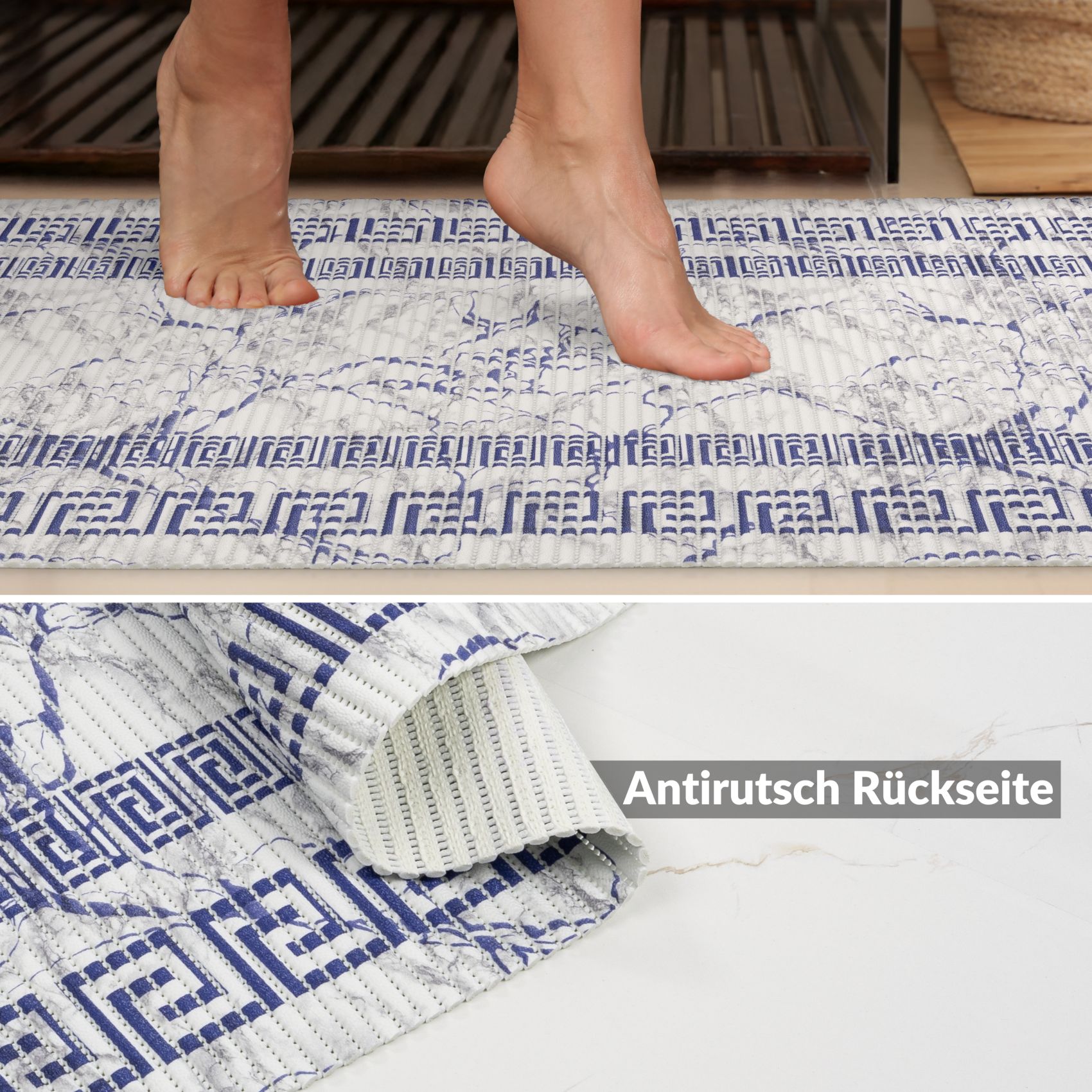 DM038AE_60 Weichschaummatte Badematte rutschfest Badvorleger Meterware Antirutschmatte Marmor Blau Breite 65cm
