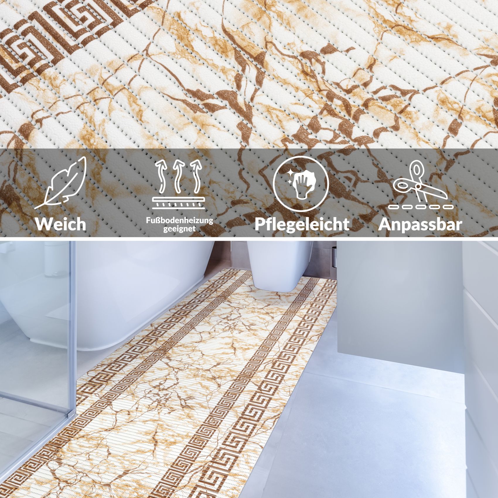DM038BE_40 Weichschaummatte Badematte rutschfest Badvorleger Meterware Antirutschmatte Marmor Beige Breite 65cm
