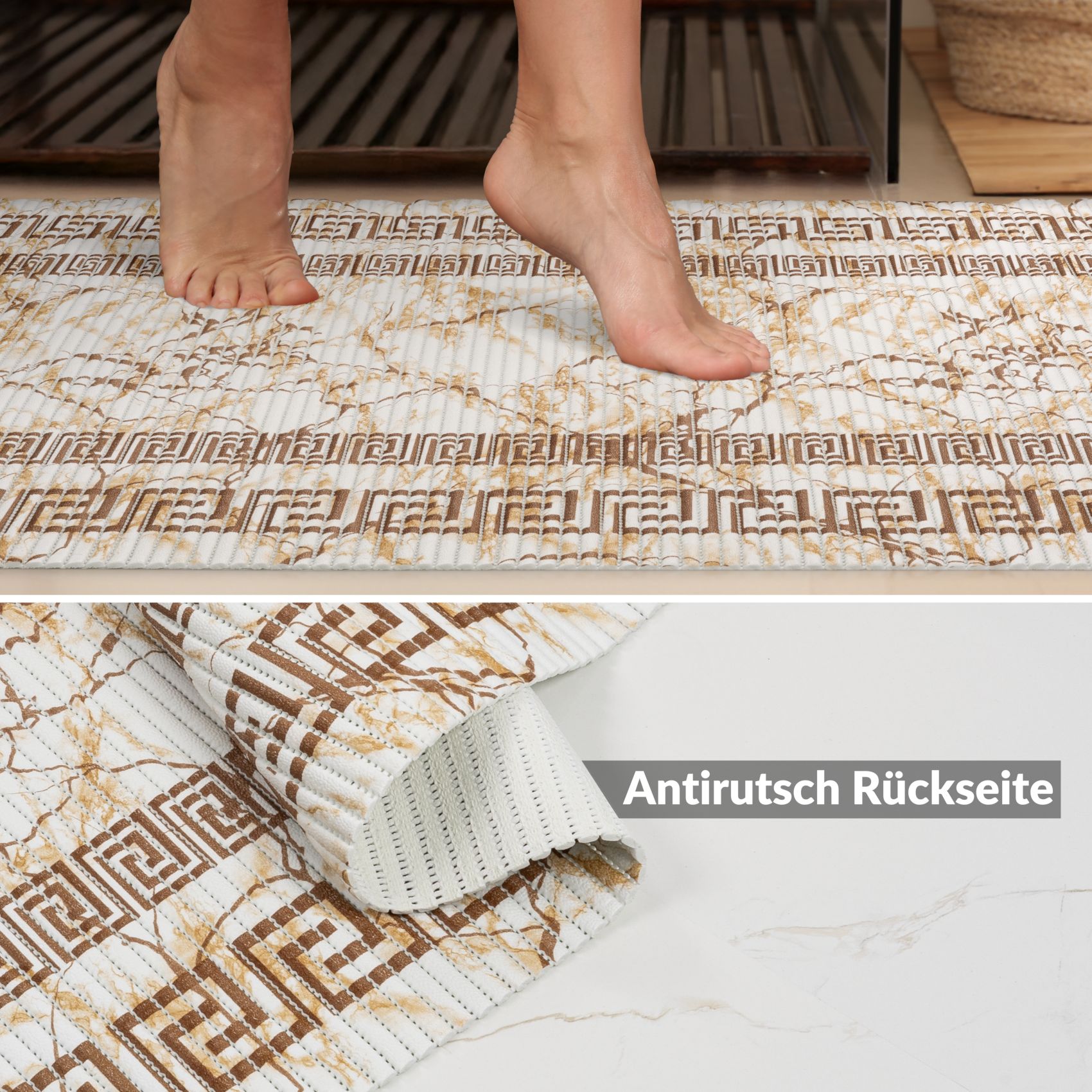 DM038BE_60 Weichschaummatte Badematte rutschfest Badvorleger Meterware Antirutschmatte Marmor Beige Breite 65cm