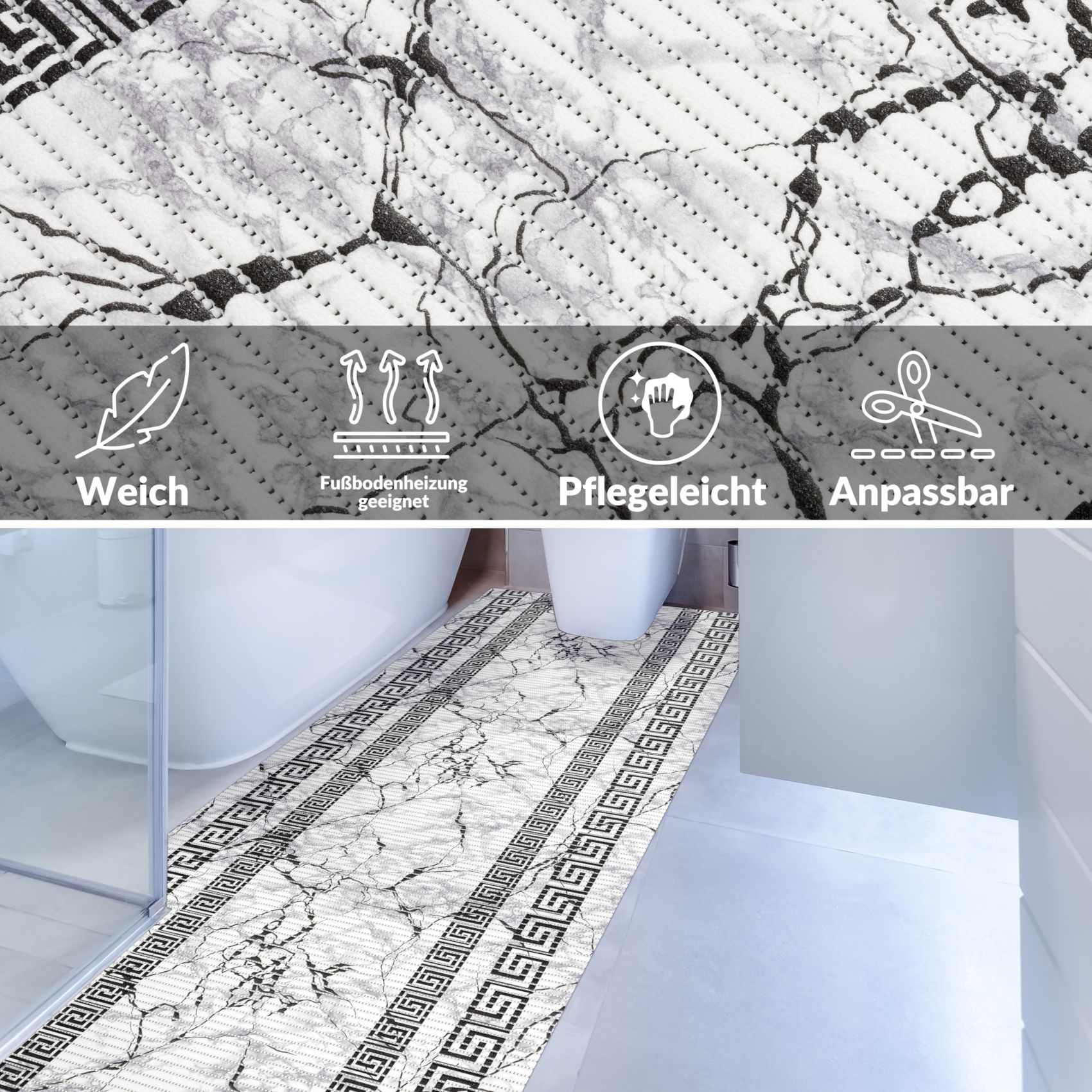 DM038DE_40 Weichschaummatte Badematte rutschfest Badvorleger Meterware Antirutschmatte Marmor Schwarz Breite 65cm