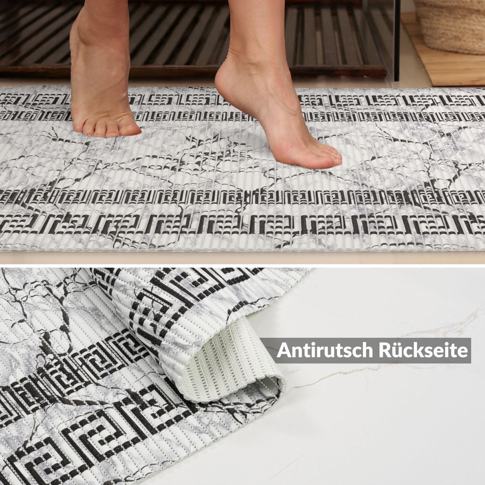 DM038DE_60 Weichschaummatte Badematte rutschfest Badvorleger Meterware Antirutschmatte Marmor Schwarz Breite 65cm