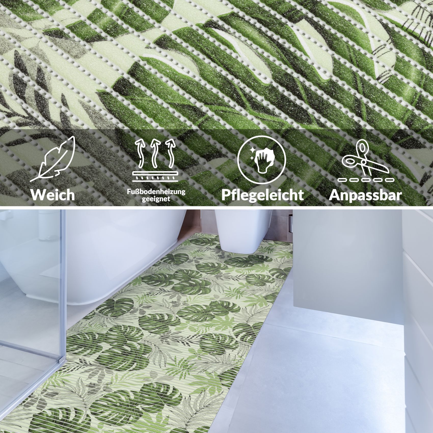 DM265CE_40 Weichschaummatte Badematte rutschfest Badvorleger Meterware Antirutschmatte Palmenblat Breite 65cm