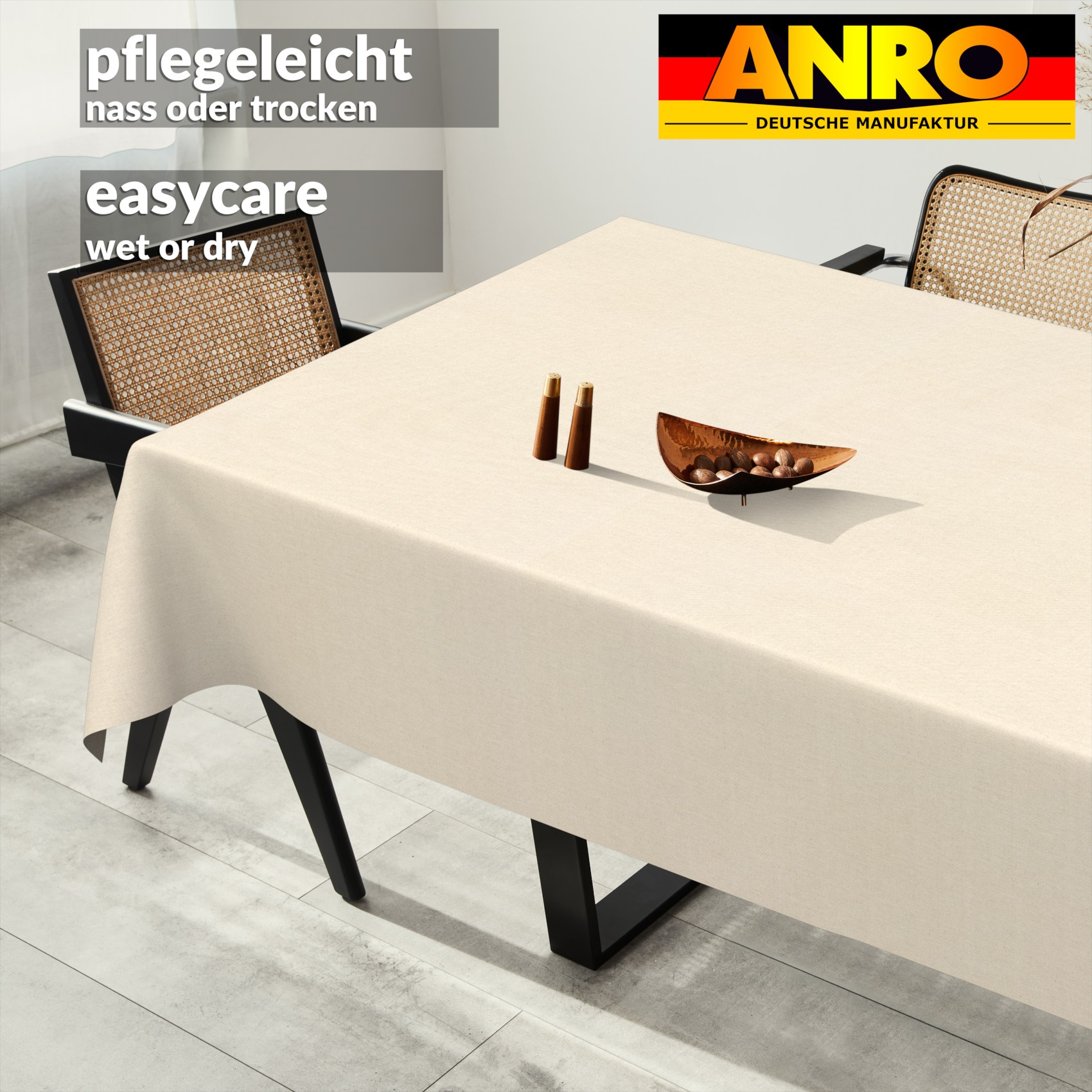 GTGANNA-101_SQ_91 Tischdecke abwaschbar Tischtuch Tischwäsche Gartentischdecke Stofftischdecke Leinenoptik Baumwolle Leinen Uni Natur