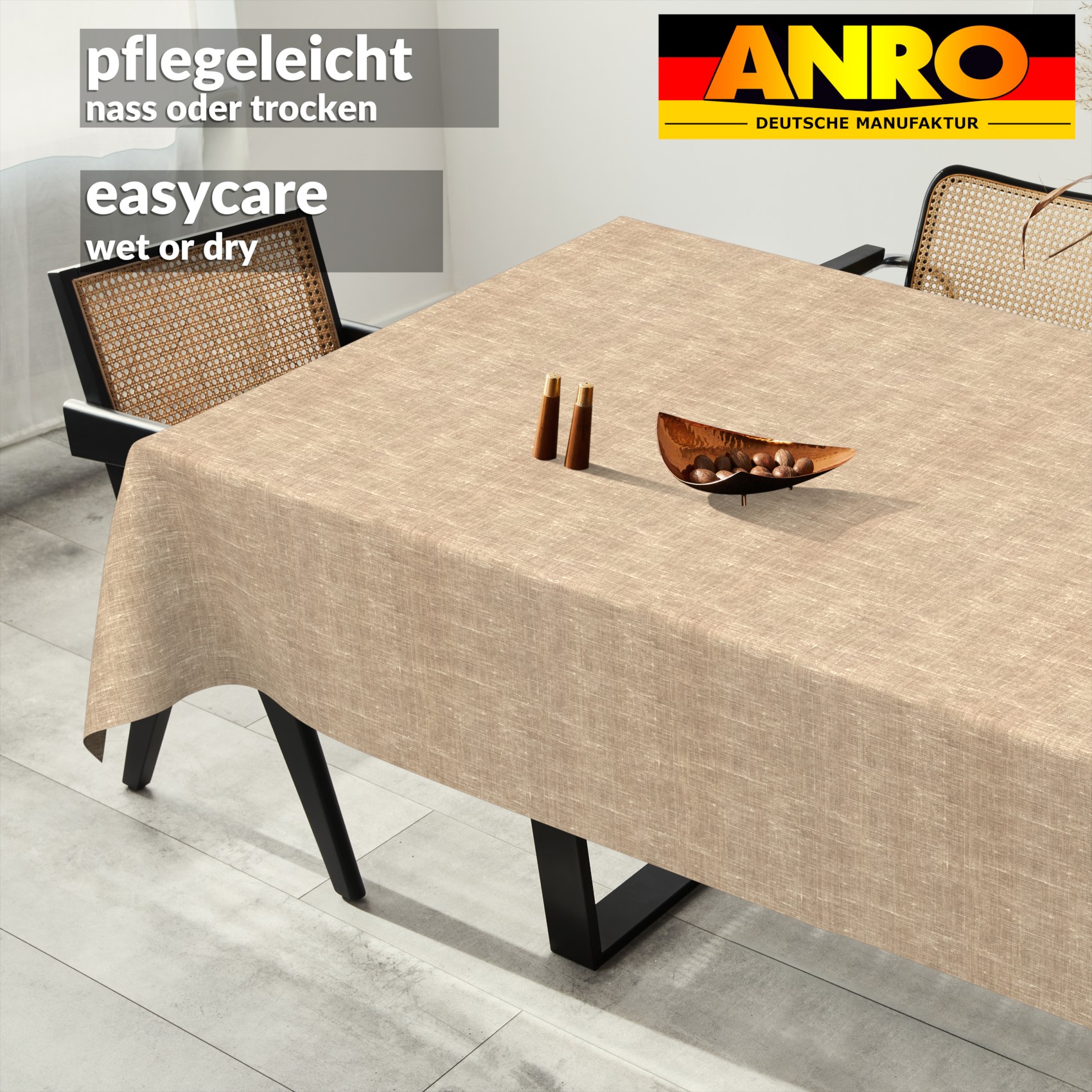 GTGANNA-102_SQ_91 Tischdecke abwaschbar Tischtuch Tischwäsche Gartentischdecke Stofftischdecke Leinenoptik Baumwolle Leinen Uni Sand