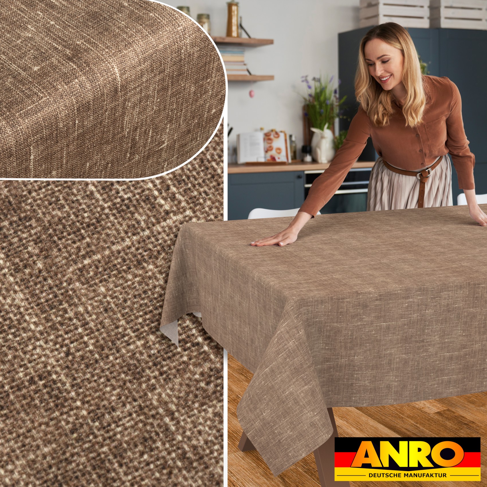 GTGANNA-103_SQ_50 Tischdecke abwaschbar Tischtuch Tischwäsche Gartentischdecke Stofftischdecke Leinenoptik Baumwolle Leinen Uni Schoko