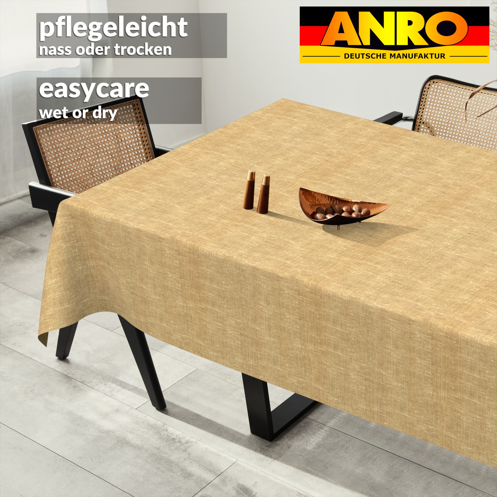 GTGANNA-104_SQ_91 Tischdecke abwaschbar Tischtuch Tischwäsche Gartentischdecke Stofftischdecke Leinenoptik Baumwolle Leinen Uni Senf