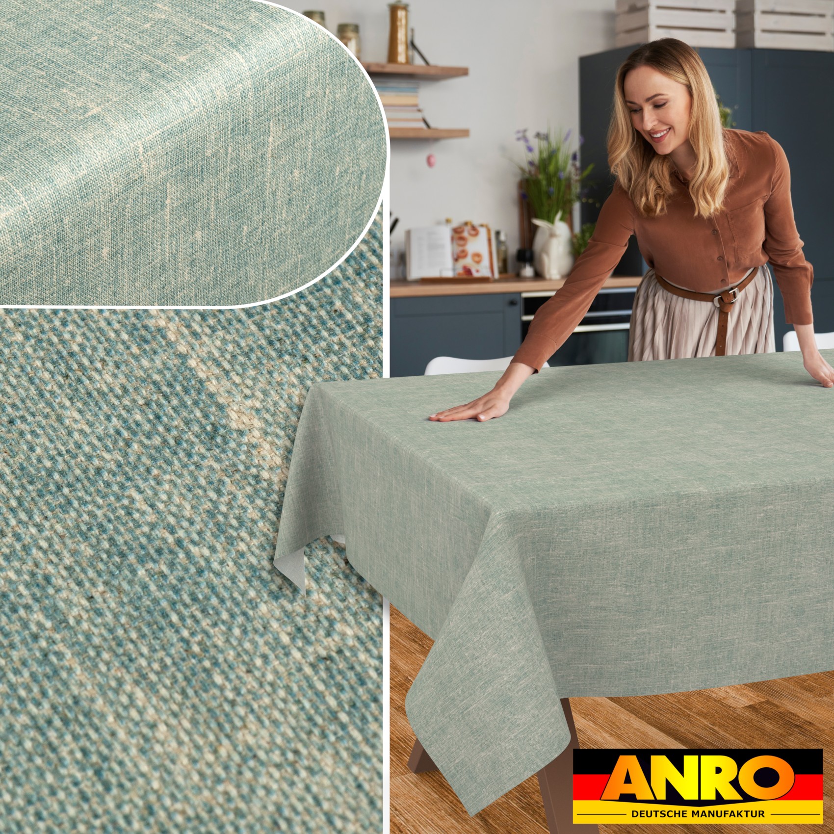 GTGANNA-106_SQ_50 Tischdecke abwaschbar Tischtuch Tischwäsche Gartentischdecke Stofftischdecke Leinenoptik Baumwolle Leinen Uni Blau