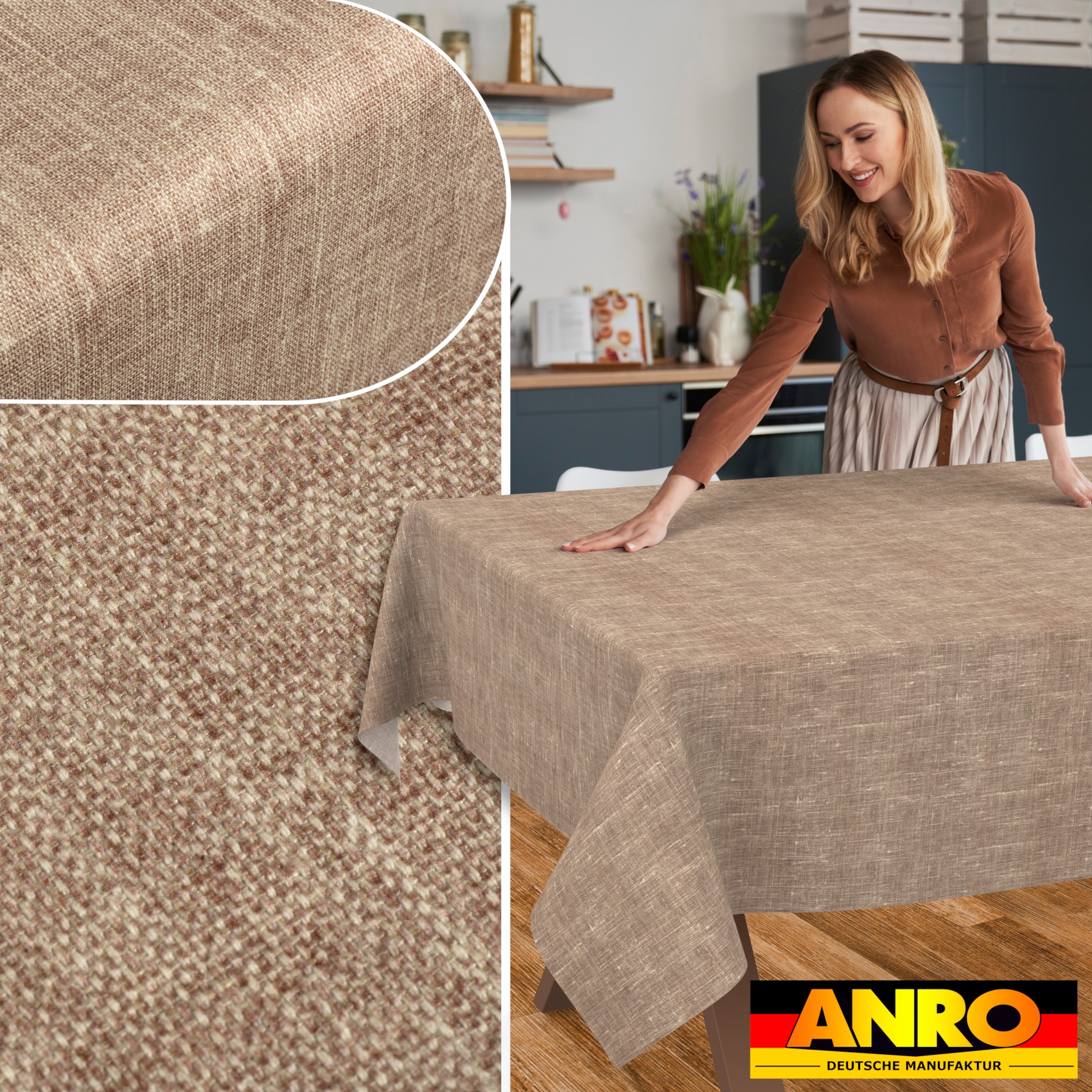 GTGANNA-108_SQ_50 Tischdecke abwaschbar Tischtuch Tischwäsche Gartentischdecke Stofftischdecke Leinenoptik Baumwolle Leinen Uni Hellbraun