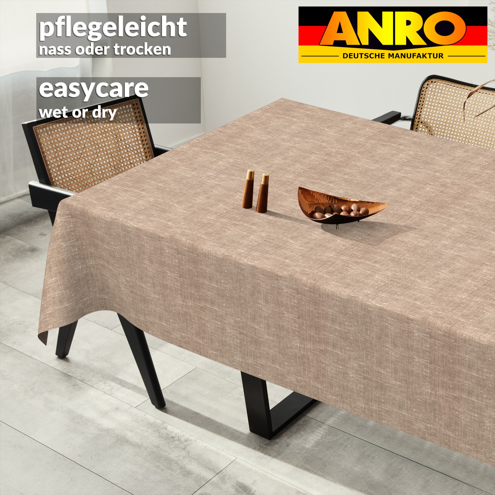 GTGANNA-108_SQ_91 Tischdecke abwaschbar Tischtuch Tischwäsche Gartentischdecke Stofftischdecke Leinenoptik Baumwolle Leinen Uni Hellbraun