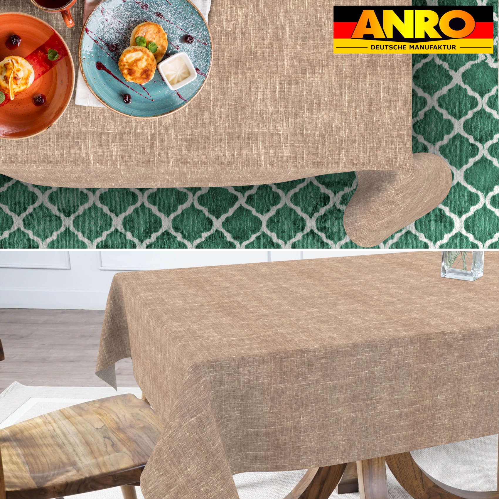 GTGANNA-108_SQ_70 Tischdecke abwaschbar Tischtuch Tischwäsche Gartentischdecke Stofftischdecke Leinenoptik Baumwolle Leinen Uni Hellbraun