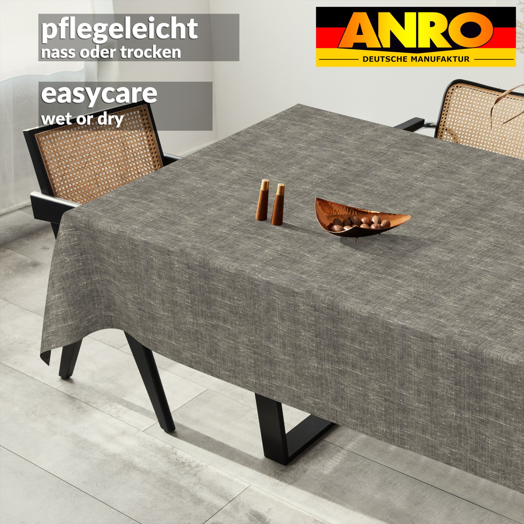 GTGANNA-110_SQ_91 Tischdecke abwaschbar Tischtuch Tischwäsche Gartentischdecke Stofftischdecke Leinenoptik Baumwolle Leinen Uni Anthrazit