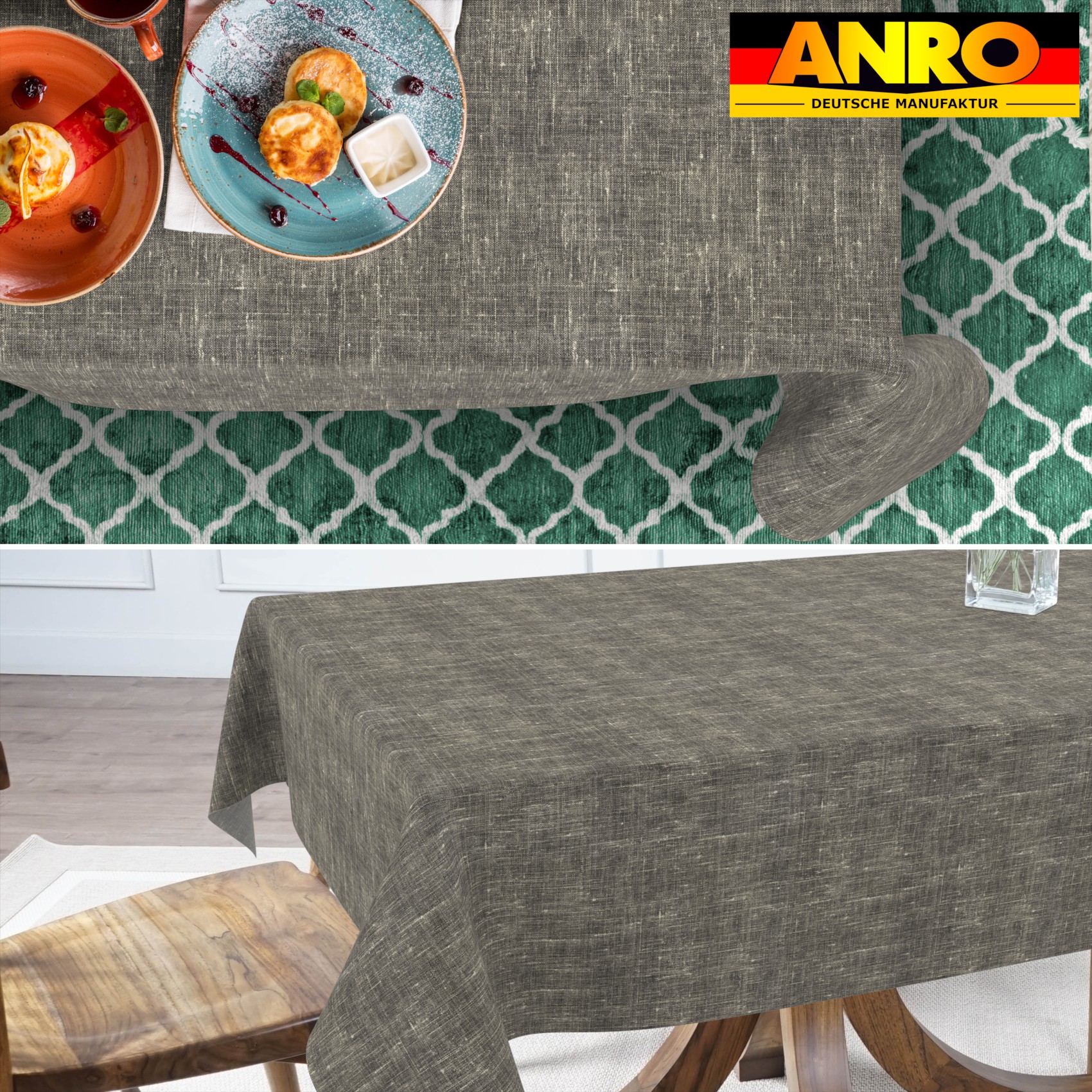 GTGANNA-110_SQ_70 Tischdecke abwaschbar Tischtuch Tischwäsche Gartentischdecke Stofftischdecke Leinenoptik Baumwolle Leinen Uni Anthrazit