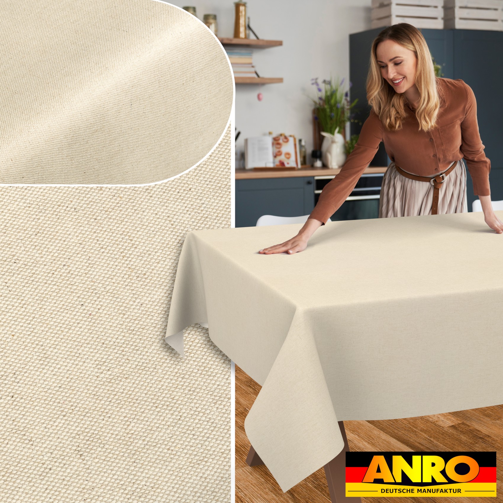 GTGANNA-101_SQ_50 Tischdecke abwaschbar Tischtuch Tischwäsche Gartentischdecke Stofftischdecke Leinenoptik Baumwolle Leinen Uni Natur