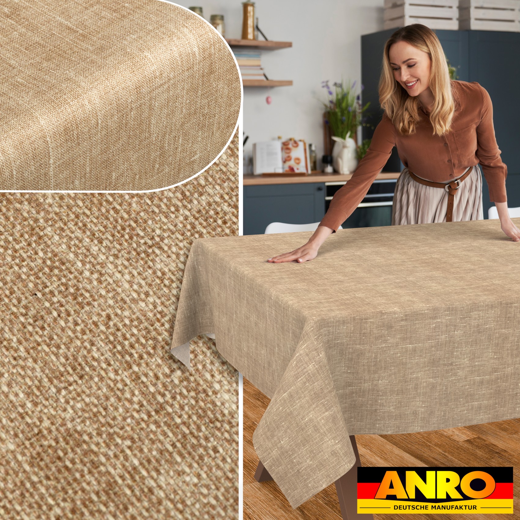 GTGANNA-102_SQ_50 Tischdecke abwaschbar Tischtuch Tischwäsche Gartentischdecke Stofftischdecke Leinenoptik Baumwolle Leinen Uni Sand