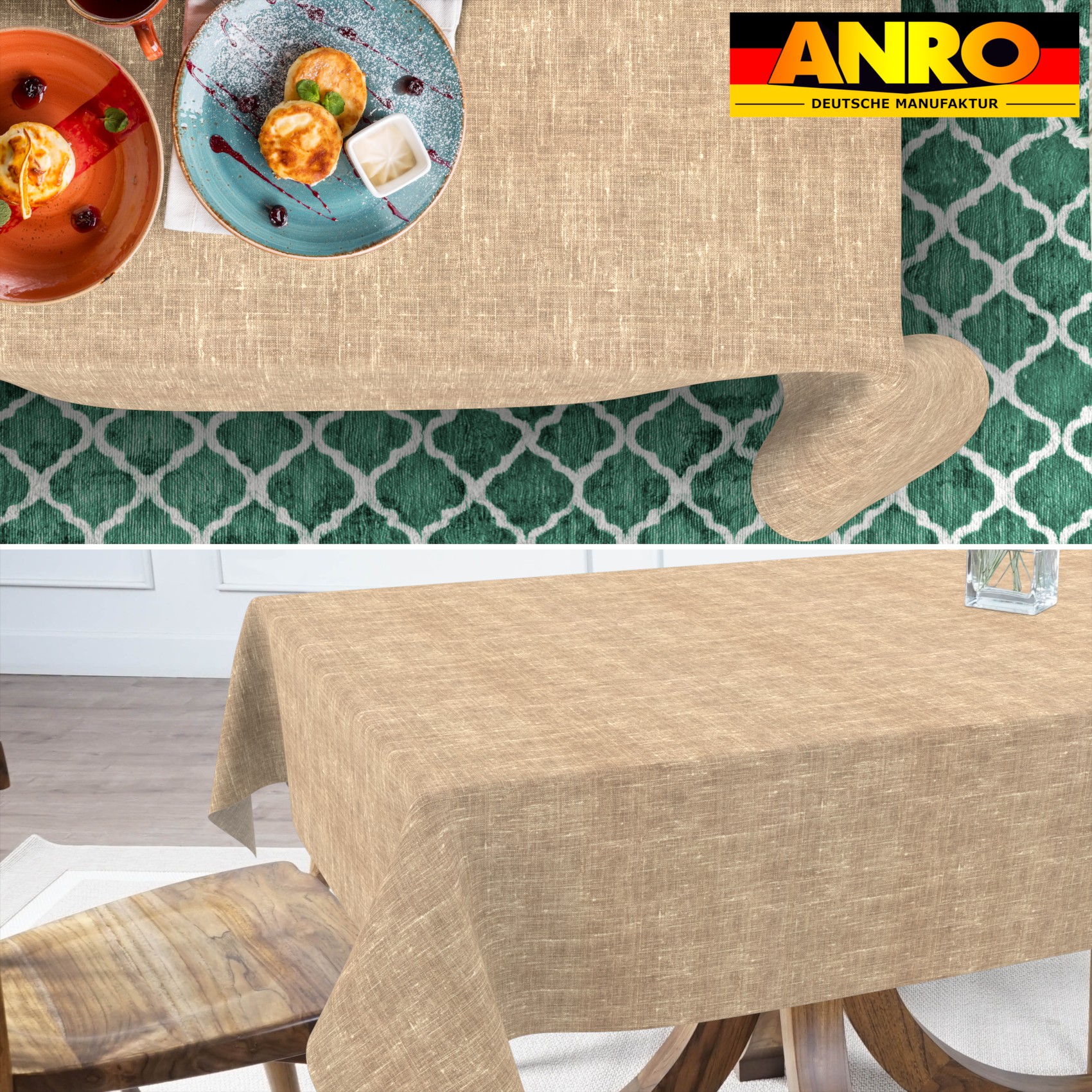 GTGANNA-102_SQ_70 Tischdecke abwaschbar Tischtuch Tischwäsche Gartentischdecke Stofftischdecke Leinenoptik Baumwolle Leinen Uni Sand