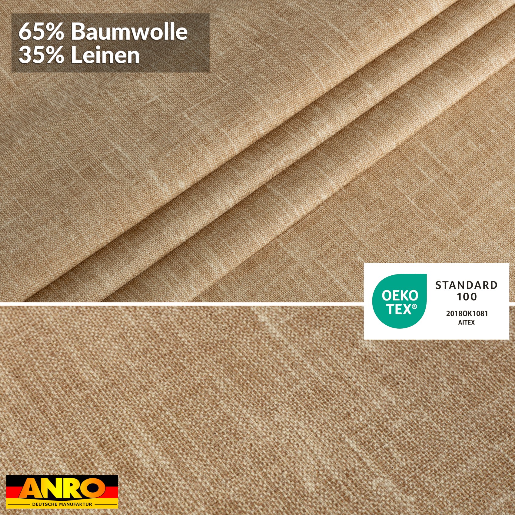 GTGANNA-102_80 Tischdecke abwaschbar Tischtuch Tischwäsche Gartentischdecke Stofftischdecke Leinenoptik Baumwolle Leinen Uni Sand