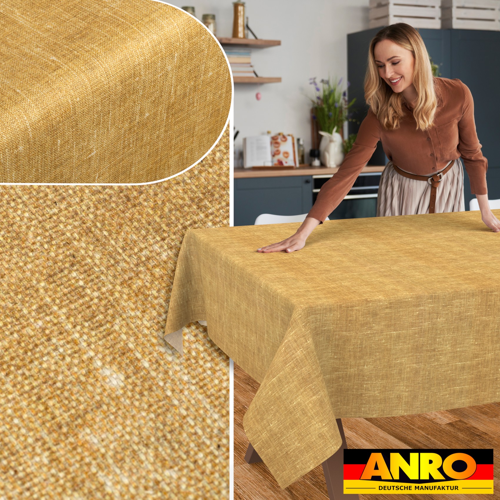 GTGANNA-104_SQ_50 Tischdecke abwaschbar Tischtuch Tischwäsche Gartentischdecke Stofftischdecke Leinenoptik Baumwolle Leinen Uni Senf