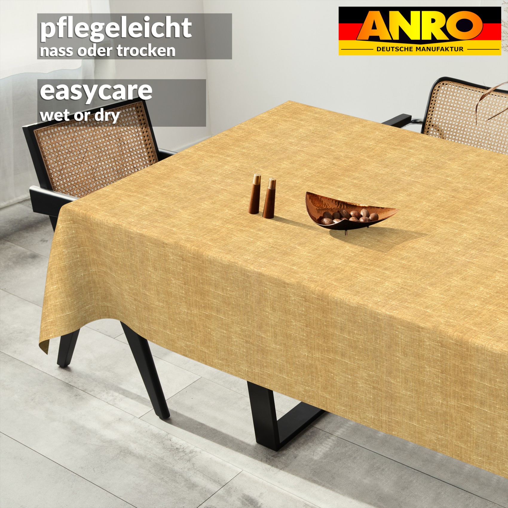 GTGANNA-104_SQ_91 Tischdecke abwaschbar Tischtuch Tischwäsche Gartentischdecke Stofftischdecke Leinenoptik Baumwolle Leinen Uni Senf