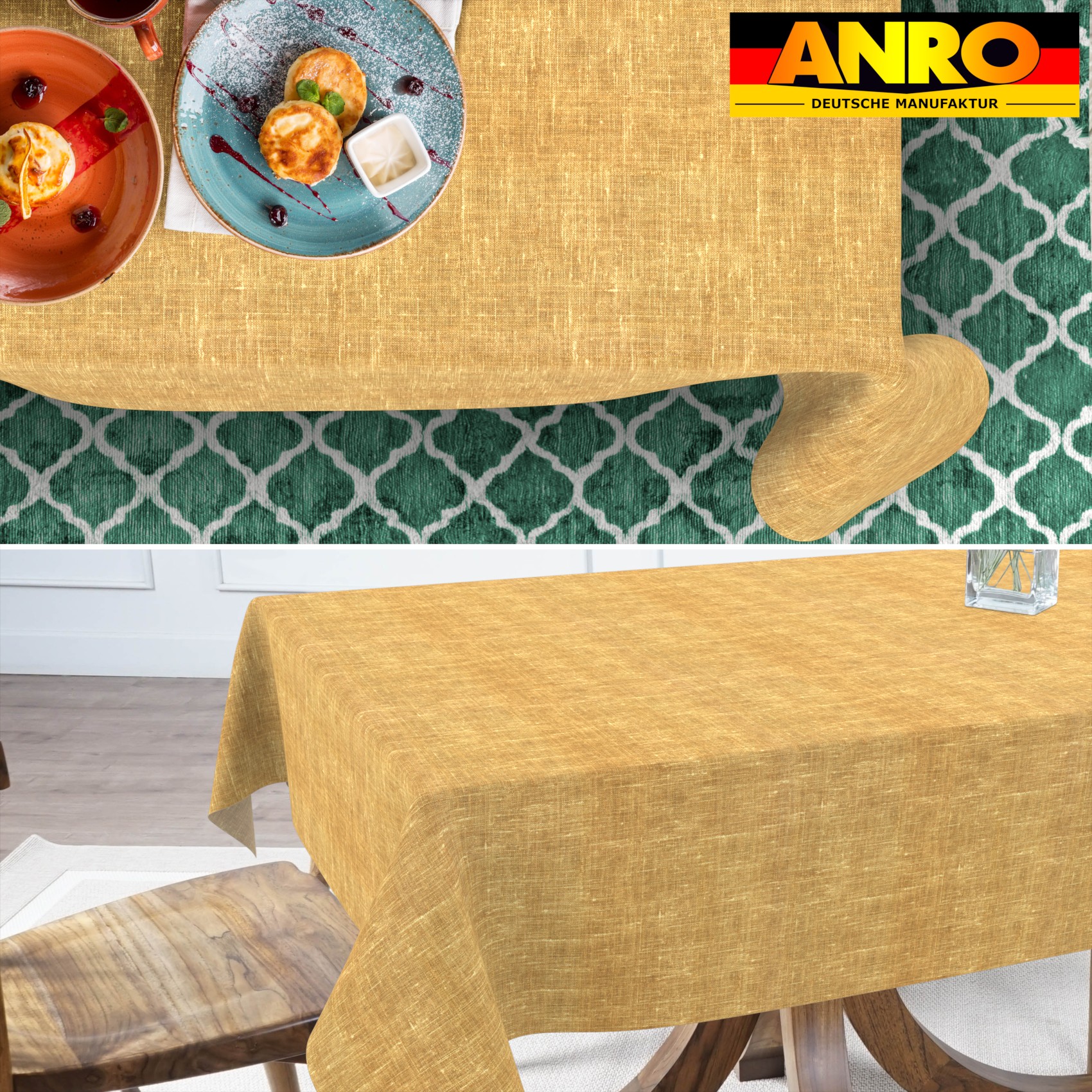 GTGANNA-104_SQ_70 Tischdecke abwaschbar Tischtuch Tischwäsche Gartentischdecke Stofftischdecke Leinenoptik Baumwolle Leinen Uni Senf
