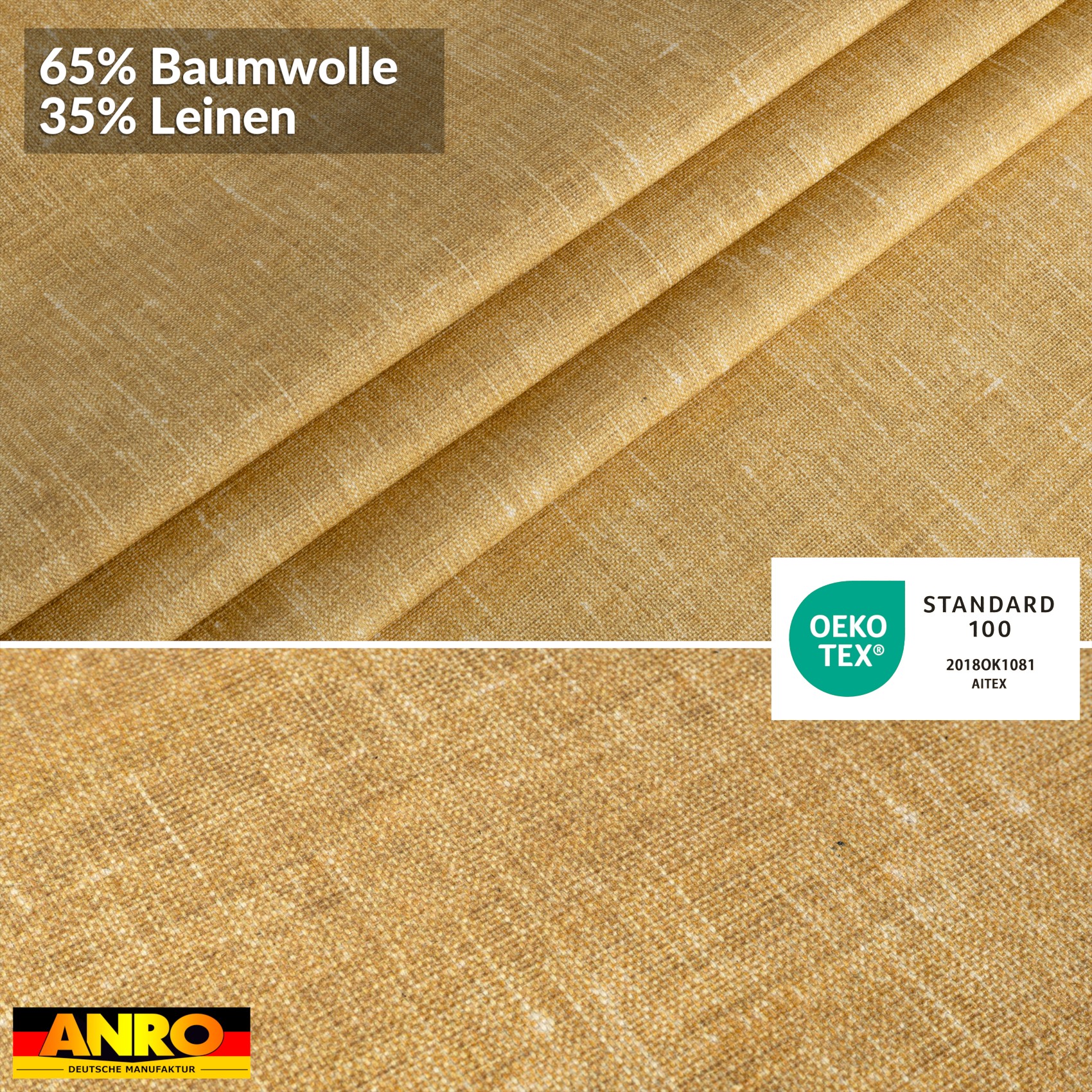 GTGANNA-104_80 Tischdecke abwaschbar Tischtuch Tischwäsche Gartentischdecke Stofftischdecke Leinenoptik Baumwolle Leinen Uni Senf