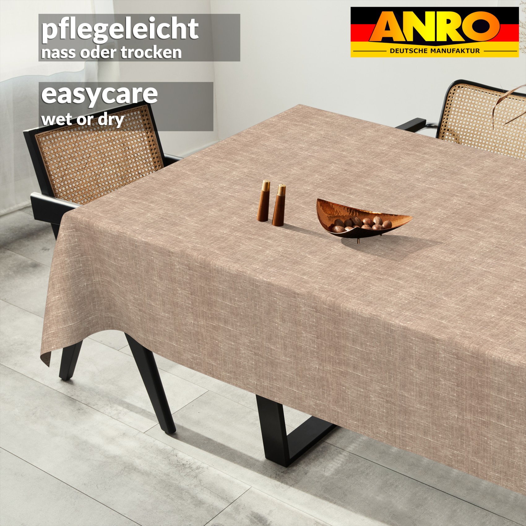 GTGANNA-108_SQ_91 Tischdecke abwaschbar Tischtuch Tischwäsche Gartentischdecke Stofftischdecke Leinenoptik Baumwolle Leinen Uni Hellbraun